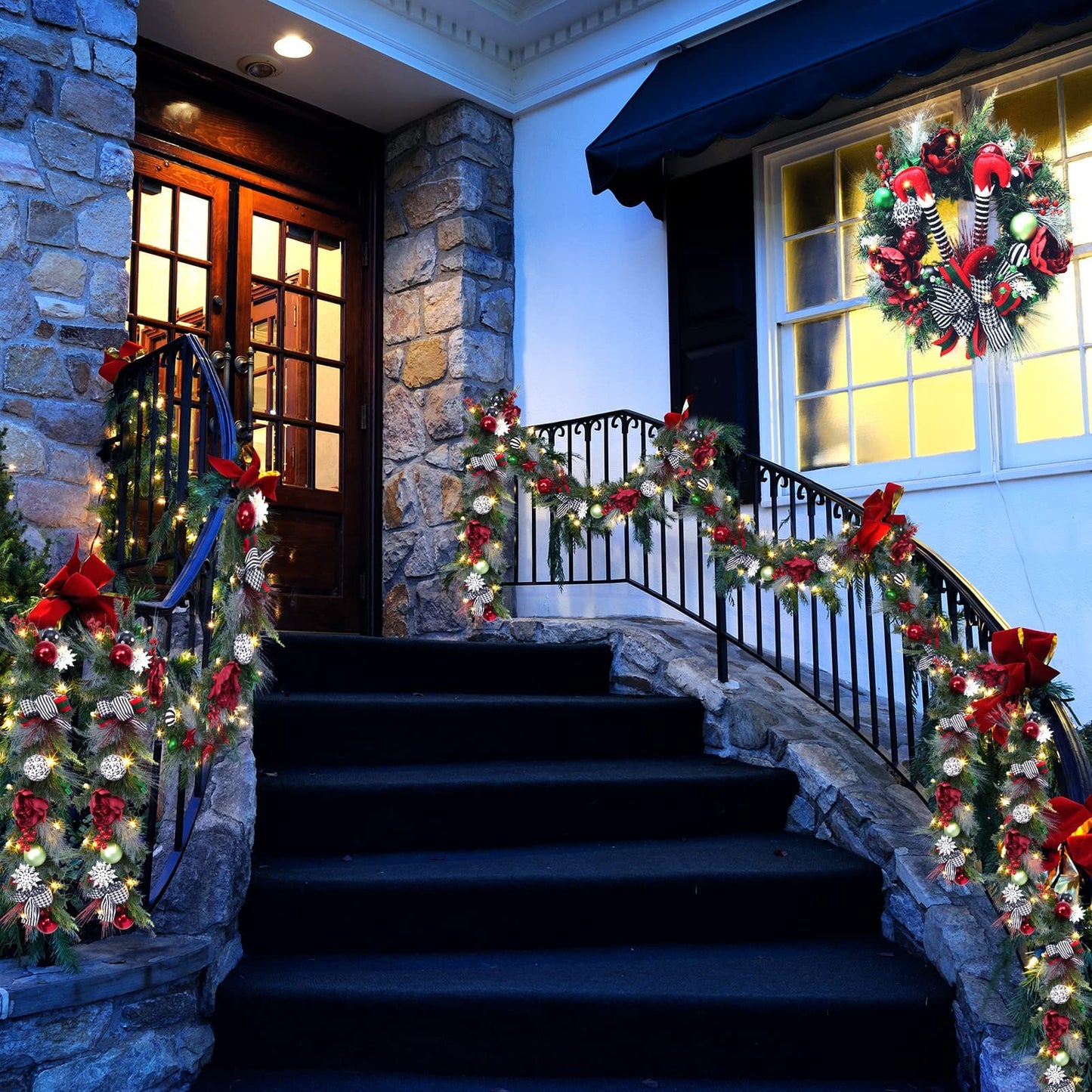 Adeeing 6 FT Christmas Garland with Lights, Pre-lit Outdoor Garland with Battery Operated 20 LED Lights, Holiday Garland with Stars, Flower, Berry Branches(Red and Green)