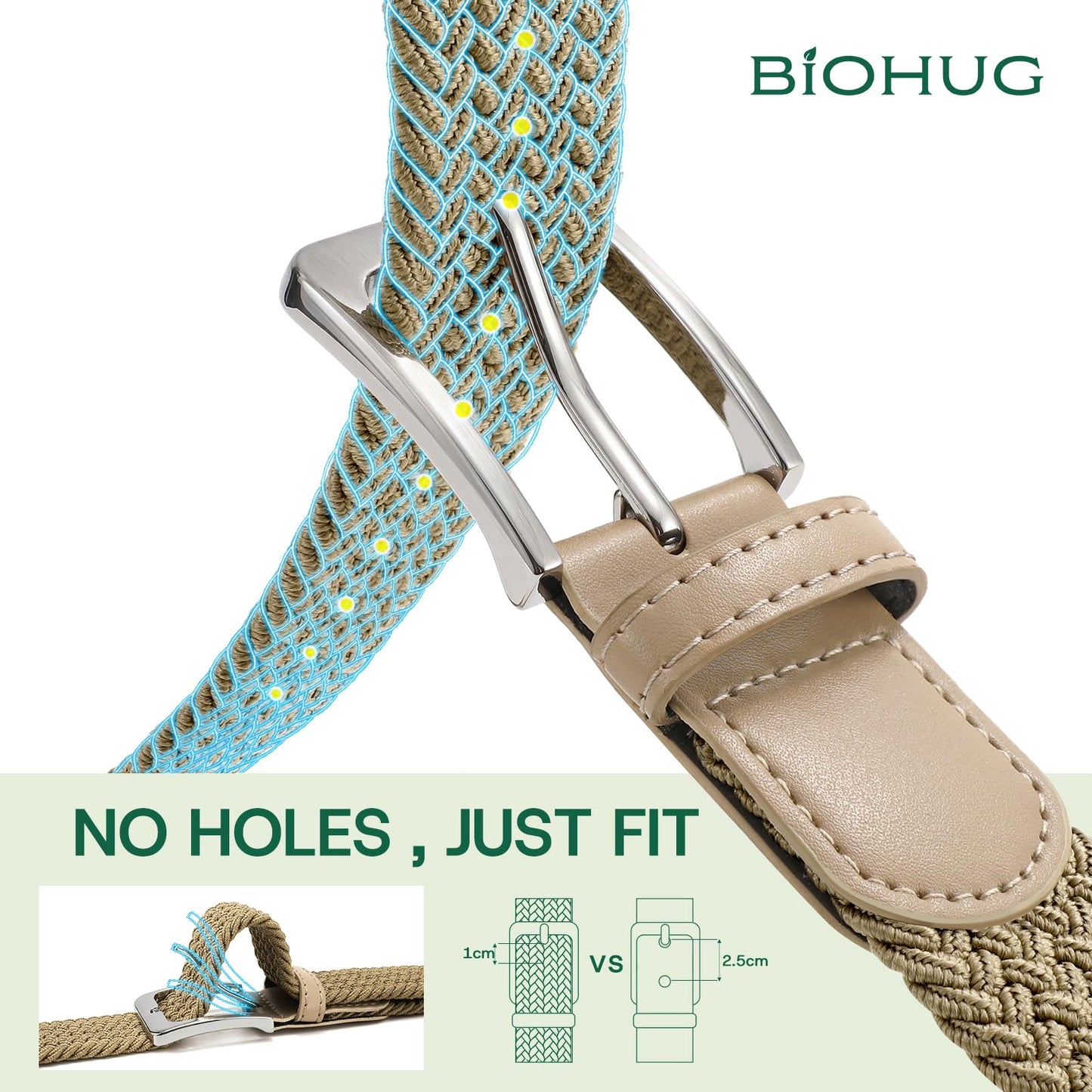 BIOHUG Men's Elastic Braided Belt Eco-Friendly Recycled Fabric Stretch Woven Belt for Jeans Pants,Golf Casual Wear 1.34" Width Khaki