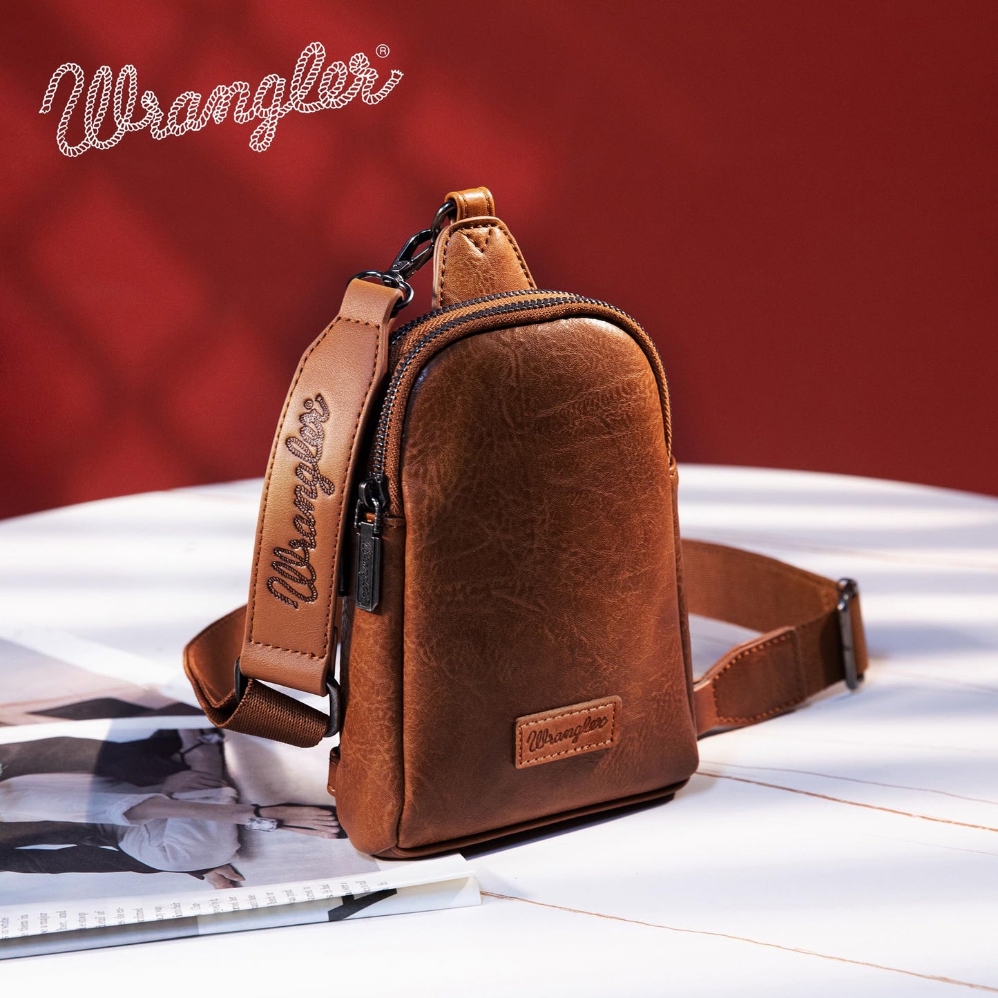 Wrangler Small Sling Bag for Women, Leather Crossbody Bags Cross Body Purse Fanny Packs with Adjustable Strap, WG-HB-87-210-BR
