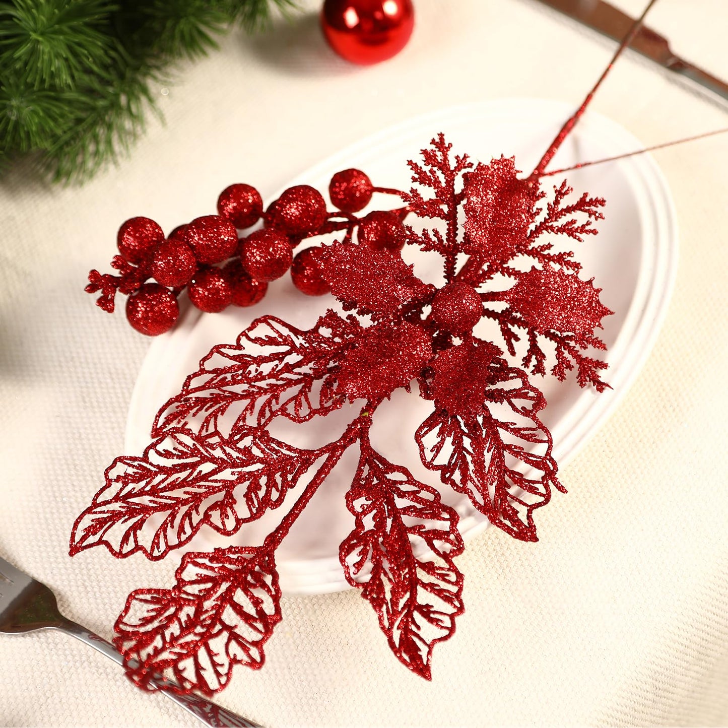 Alupssuc 24 PCS Christmas Tree Decorations, 12 PCS Poinsettia Flowers Artificial+6 PCS Glitter Holly Berry Stems+6 Berry Leaves Christmas Tree Picks for Party Wreath Fireplace, Red