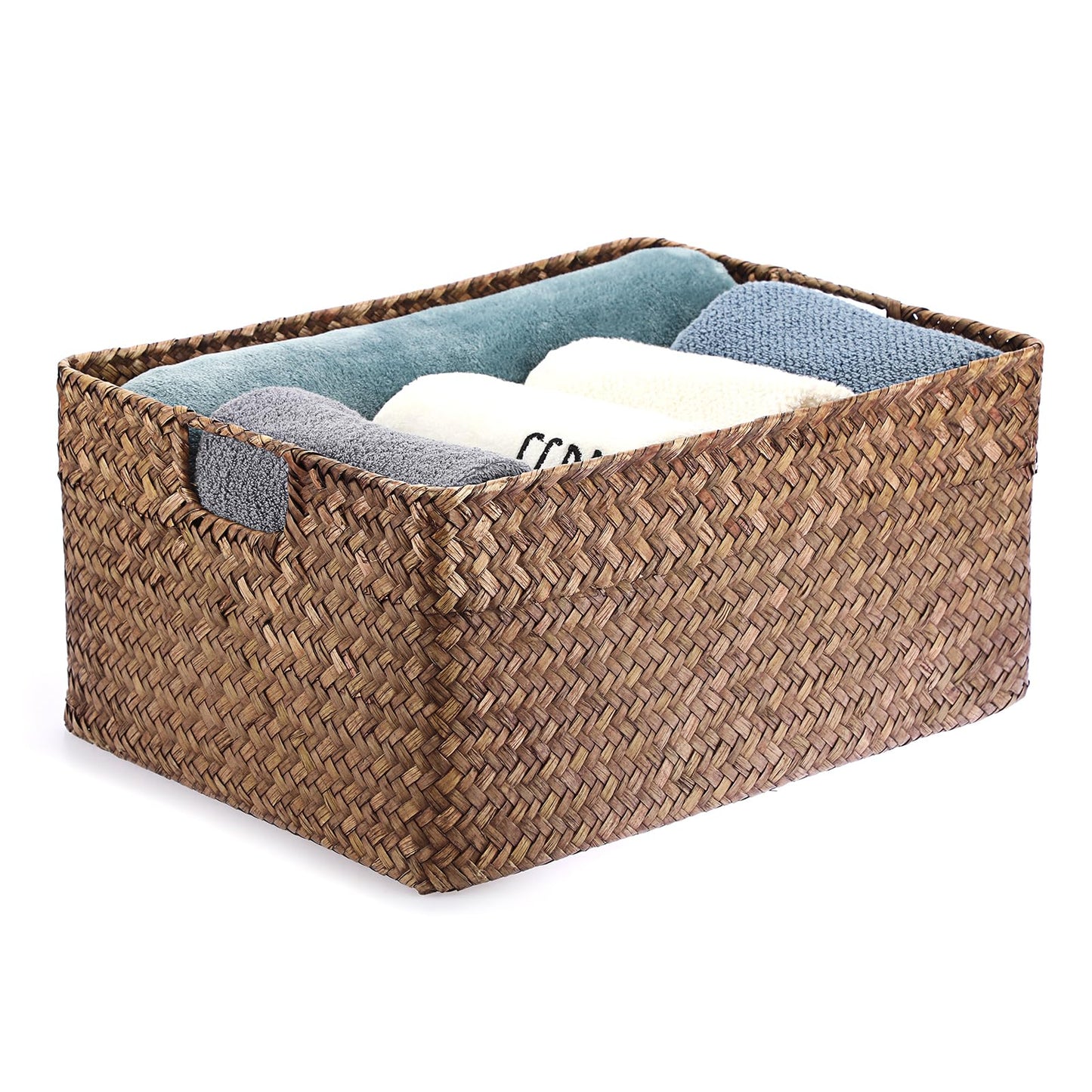 Hipiwe Seagrass Storage Baskets Bin for Shelf Handwoven Wicker Baskets Built-in Handles Rectangular Closet Bedroom Organizer Box Multipurpose Storage Basket Organizer,16.1"L x11.8"W x7.7"H