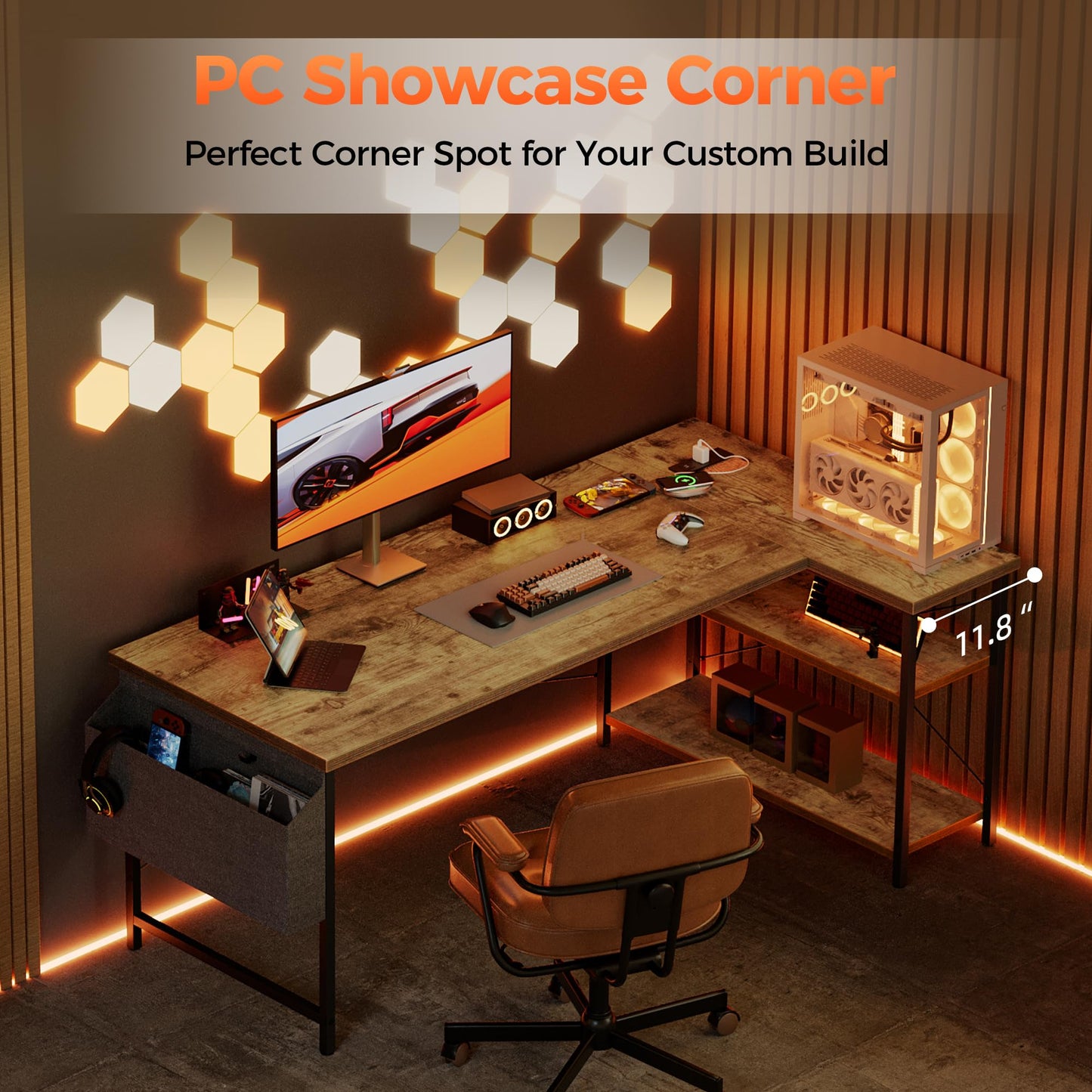 Mericonia Small L Shaped Computer Desk with Power Outlets, Reversible Gaming Desk with Storage Shelves, Corner Gamer Desk Table, Study Writing Table