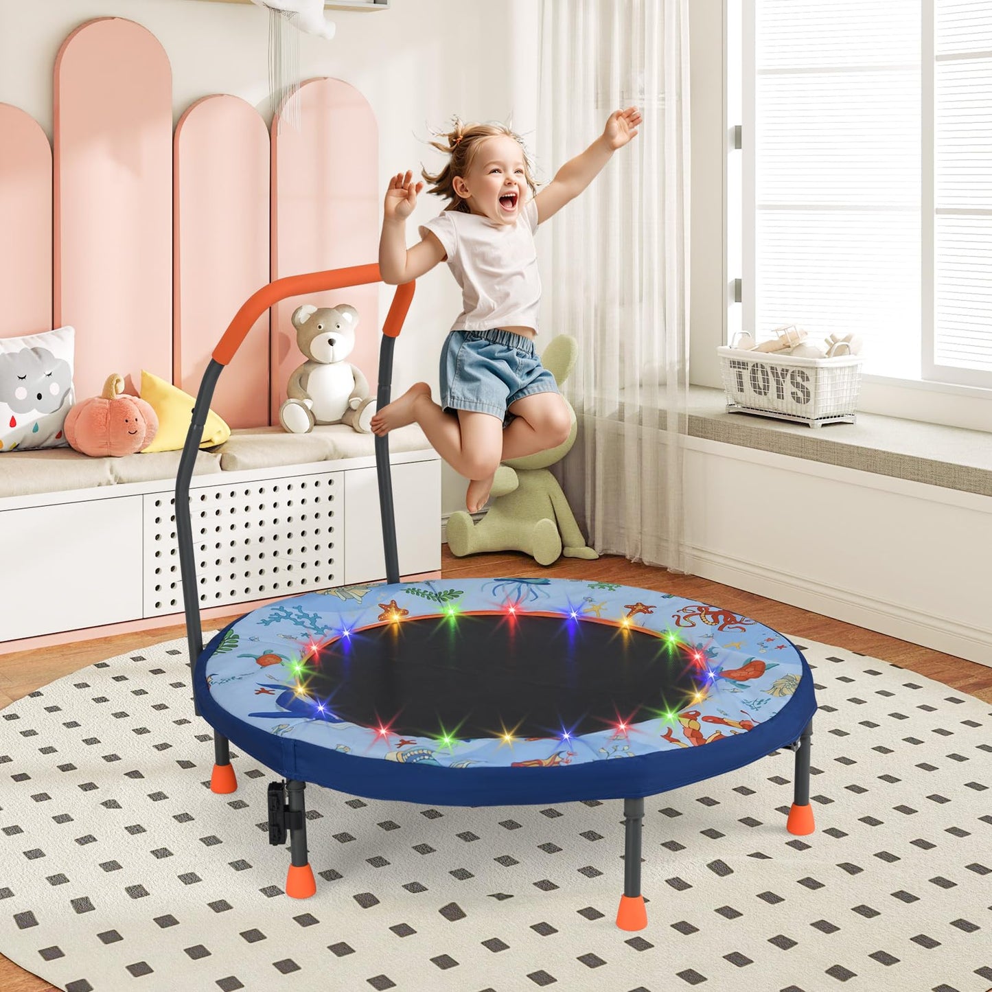 GYMAX 36ā Toddler Trampoline with Lights, Folding Springless ASTM Approved Small Kids Rebounder with Foam Handle, Safety Padded Cover & Foldable Legs, Mini Indoor Baby Trampolines