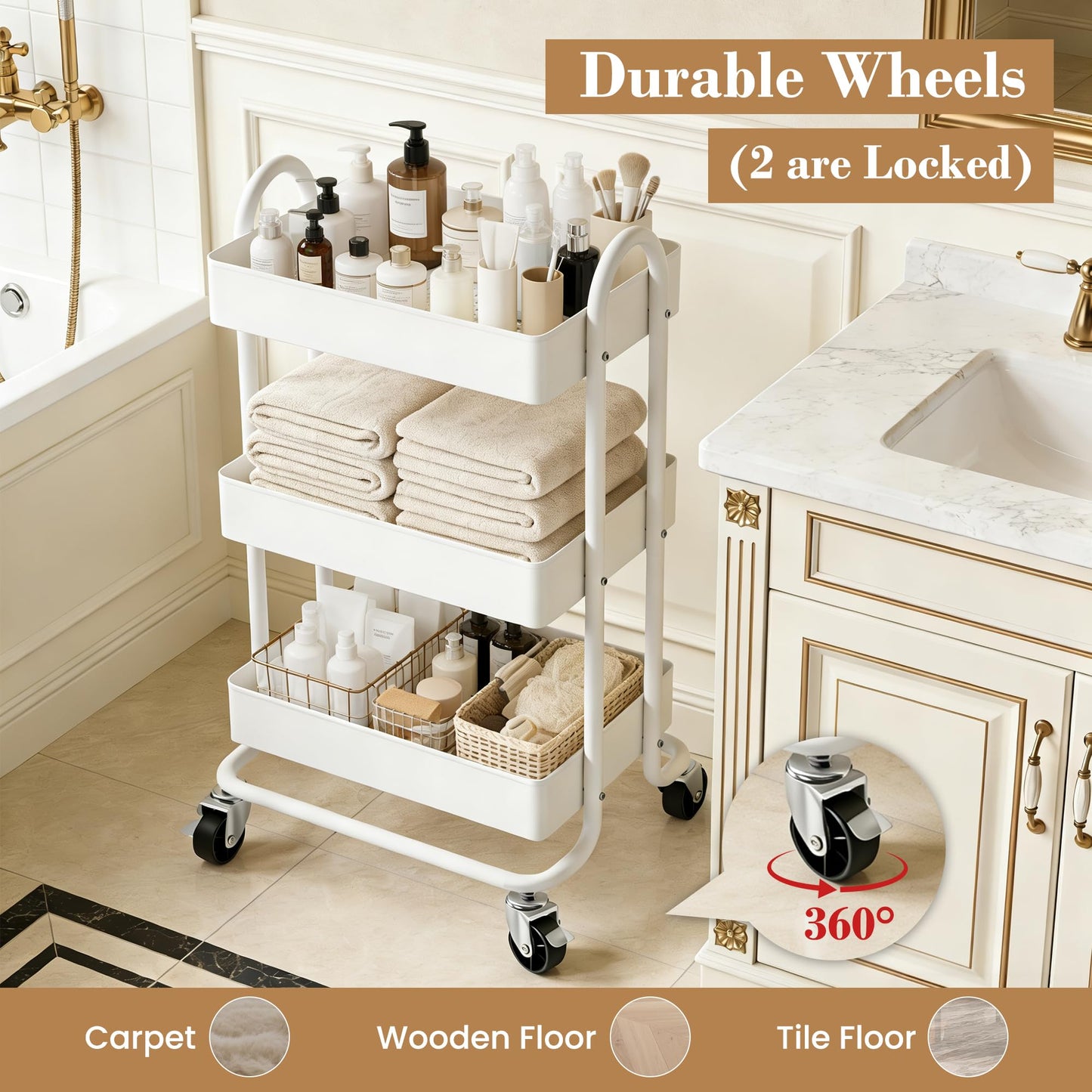 SIMHOMSTOR 3 Tier Metal Rolling Cart, Utility Storage Cart Shelf Organizer with Wheels for Home & Office, Cream