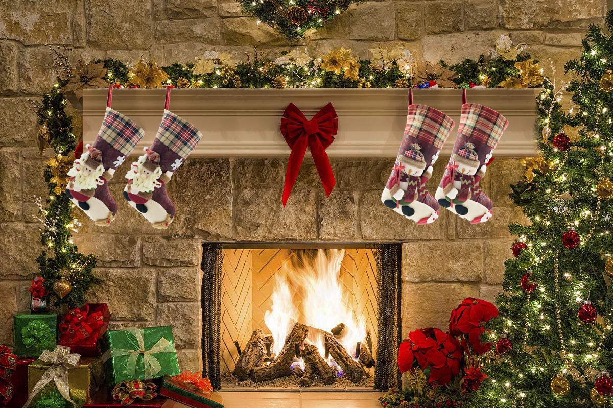 ETERAMUS 21 inch Plaid Christmas Stockings Santa Claus with Deer, Bear, Animal One Piece, Felt Large Plush 3D Reindeer Xmas Stocking for Girls Boys Tree Mantel Party Décor (Red Santa Claus)