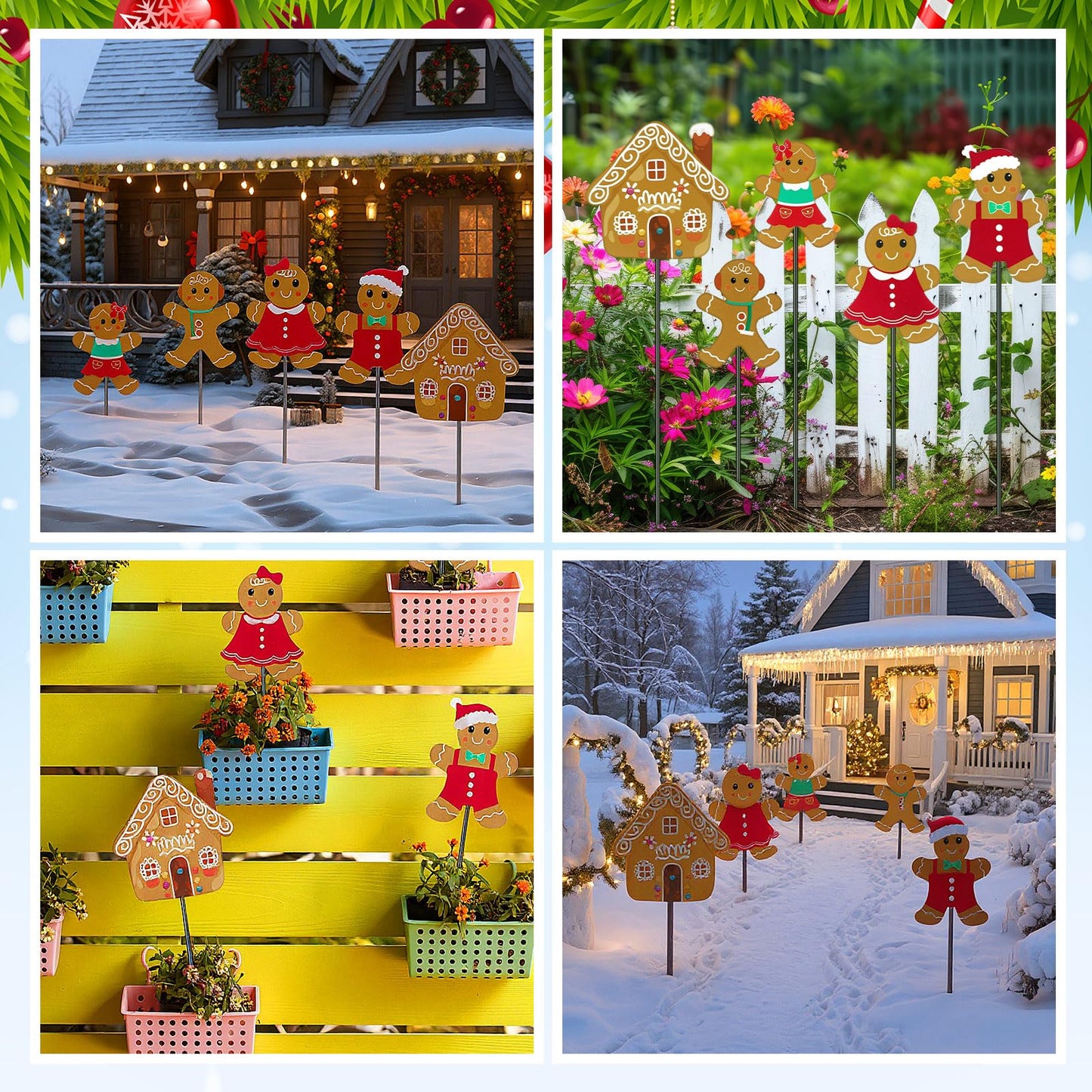 Roowest 5 Pack 12'' H Metal Christmas Yard Stakes Outdoor Decorations Gingerbread Man House Garden Signs Christmas Potted Plant Stakes for Holiday Winter Home Lawn Garden Porch Walkway Party Decor