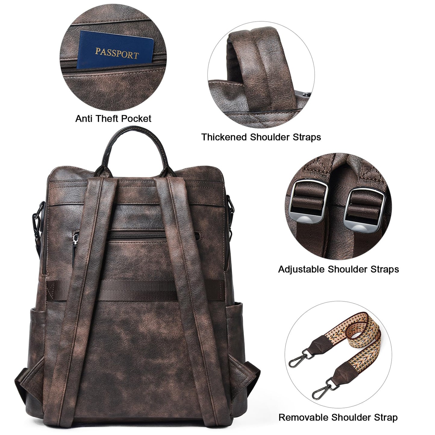 Shrrie 15.6 inch Laptop Backpack for Women,Large Leather Backpack Purse,Travel,Carry on,Water Resistant Casual Laptop Backpacks,College Backpack,Work Backpack for Women,Two-toned Coffee