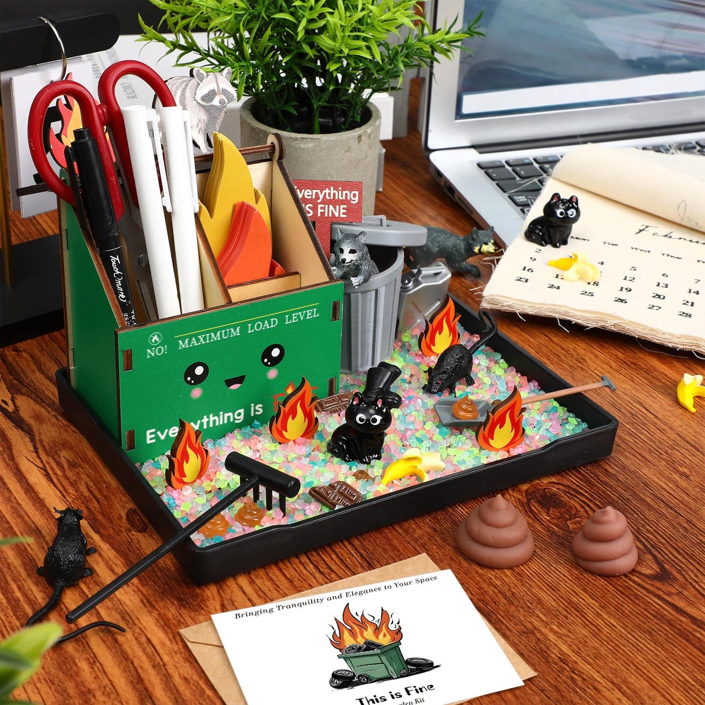 Dumpster Flame Zen Garden for Desk, Mini Dumpster Flame Zen Garden Funny Desk Accessories, DIY Figurines Sand Tray Therapy Kit, Mothers Day Birthday Graduation Gifts, Stress Relief Gifts for Coworker