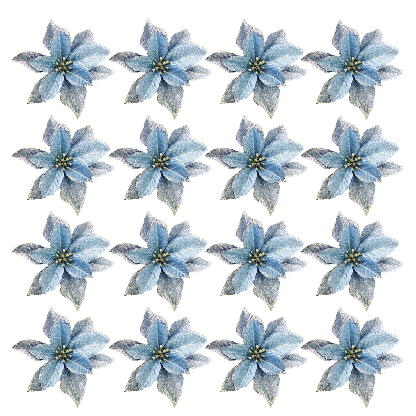 KEPATO Christmas Glitter Poinsettia Christmas Tree Ornaments Pack of 12 (Blue)