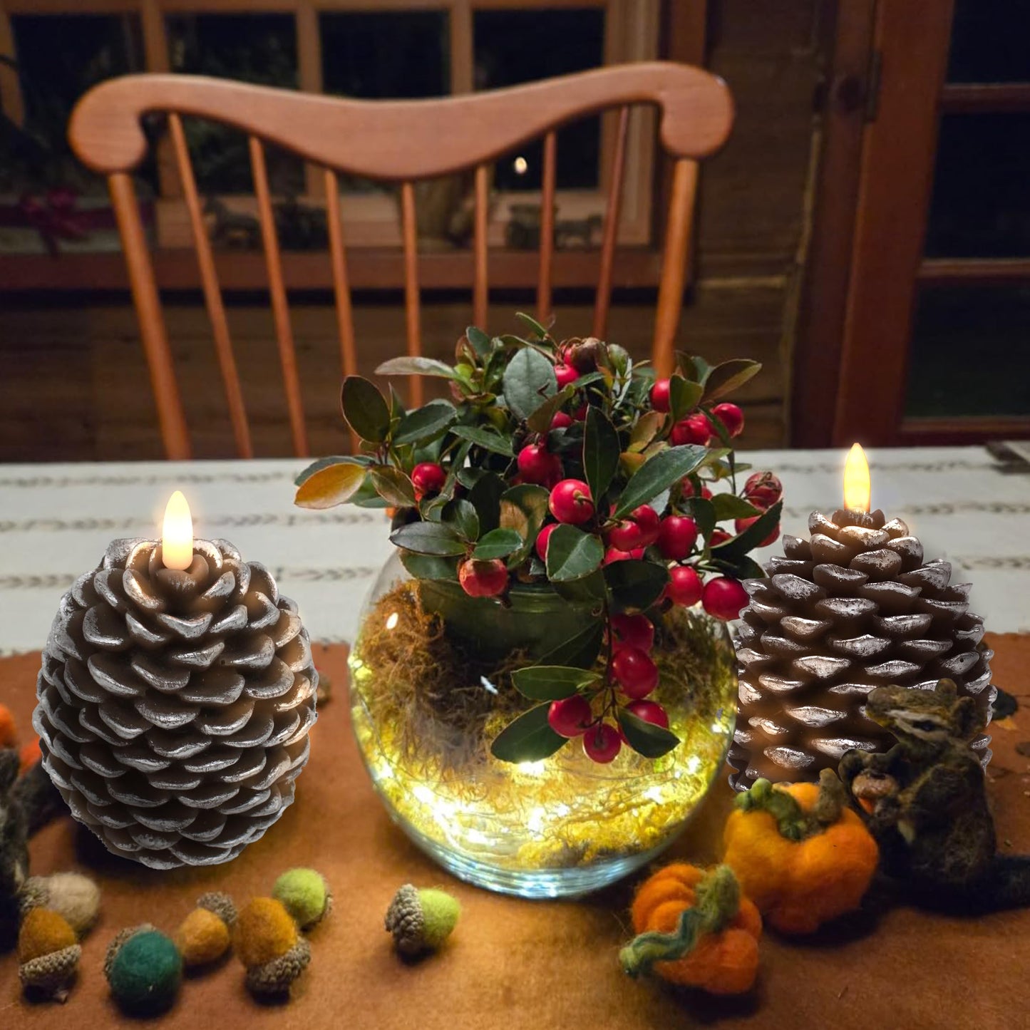 CVHOMEDECO. Pine Cone Candles Battery Operated Pinecones with Remote and Timer, Pine Cones Candle LED Flameless Flickering Candles for Fall, Christmas Decor. Silver-Brown, H 4.8 Inch, Pack of 2