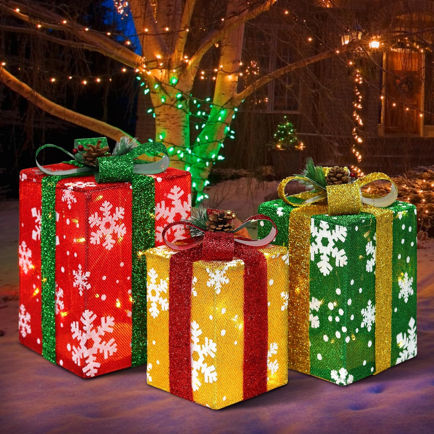 DomKom Set of 3 Tall Christmas Lighted Gift Boxes Decorations - Plug in 60 LEDs Present Box - Rectangular Light Up Xmas Tree Skirt Ornament Outdoor/Indoor Vertical Holiday Decor