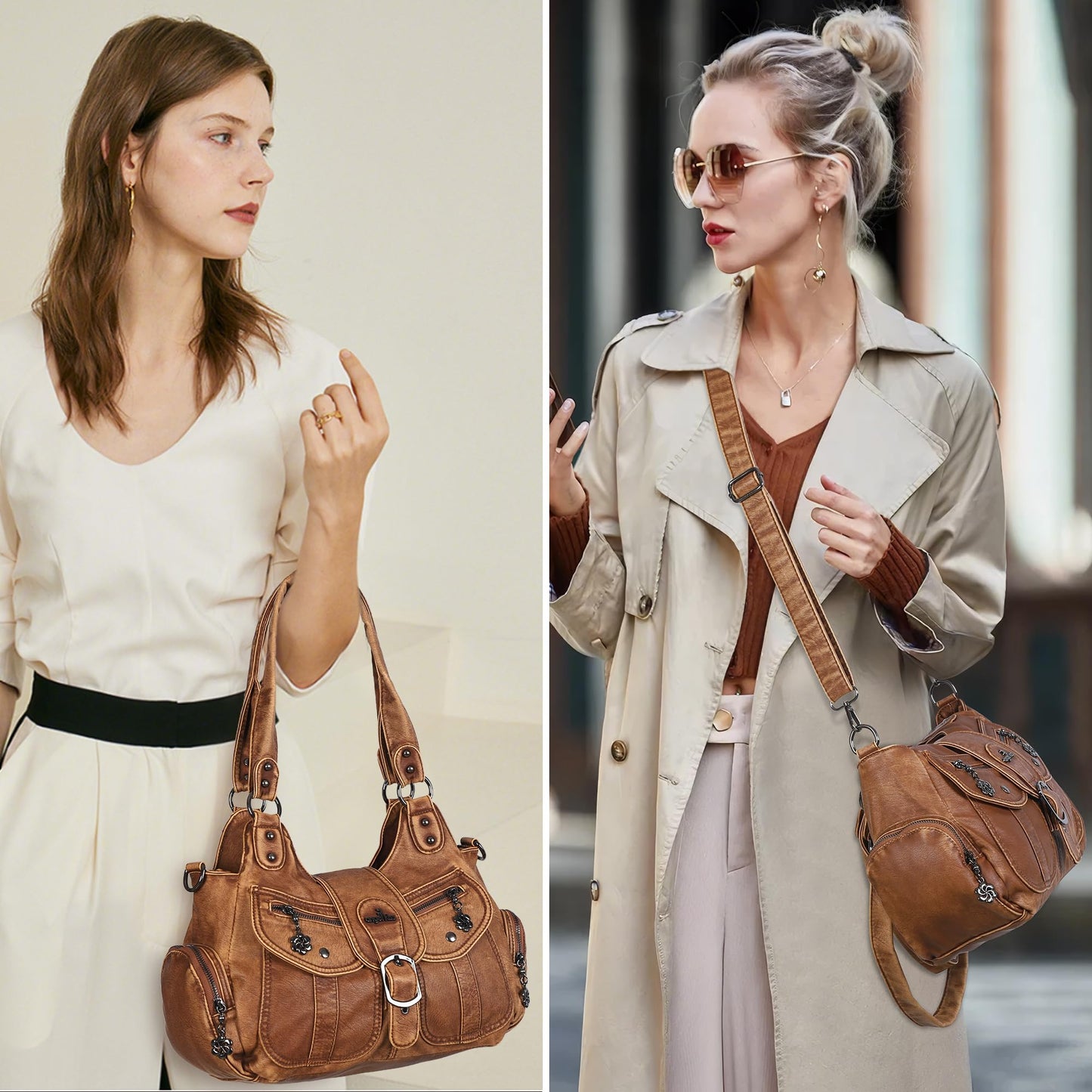 Angel Kiss Hobo Bags for Women Vegan Leather Shoulder Purses and Handbags Ladies Roomy Tote Bags Purse with Crossbody Strap,Brown