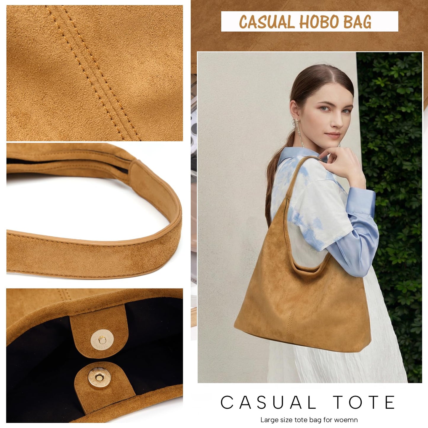 Casual Hobo Bag for Women Soft Shoulder Bags Slouchy Pu Leather Tote Purses for Work Travel