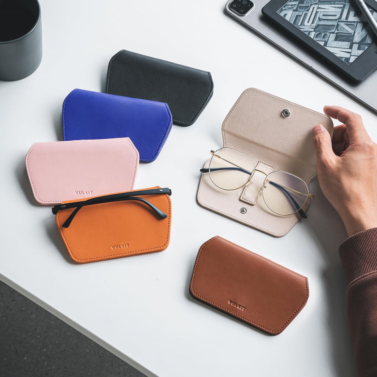 VULKIT Leather Glasses Case, Ultra Slim Sunglasses Case, Two Fixed Modes, Fits Most Eyeglasses & Sun Glasses, Minimalist Slim Design for Men & Women, Tangerine Twist