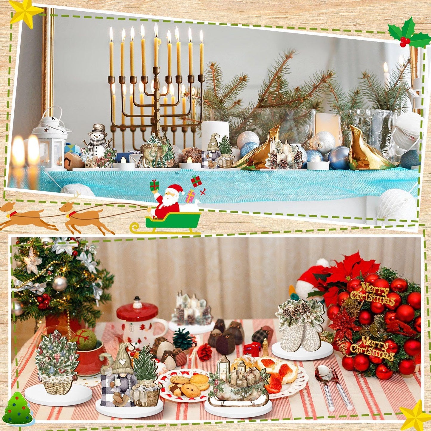 Yousoontic 12Pcs Christmas Rustic Wooden Centerpieces Decorations Winter Santa Snowman Elk Gnome Snowflake Xmas Tree Wooden Signs Farmhouse Tabletop Centerpieces Home Decor for Winter Holiday Dinner