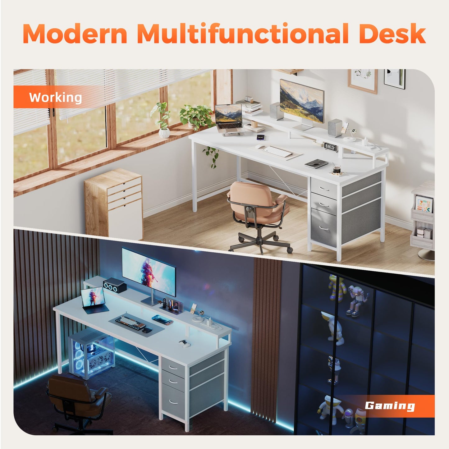 Mericonia Computer Desk 55 inch with Power Outlets & LED Lights, Gaming Desk with 3 Drawers for Home Office, Small Desk with Monitor Stand for Small Spaces, Study Writing Desk