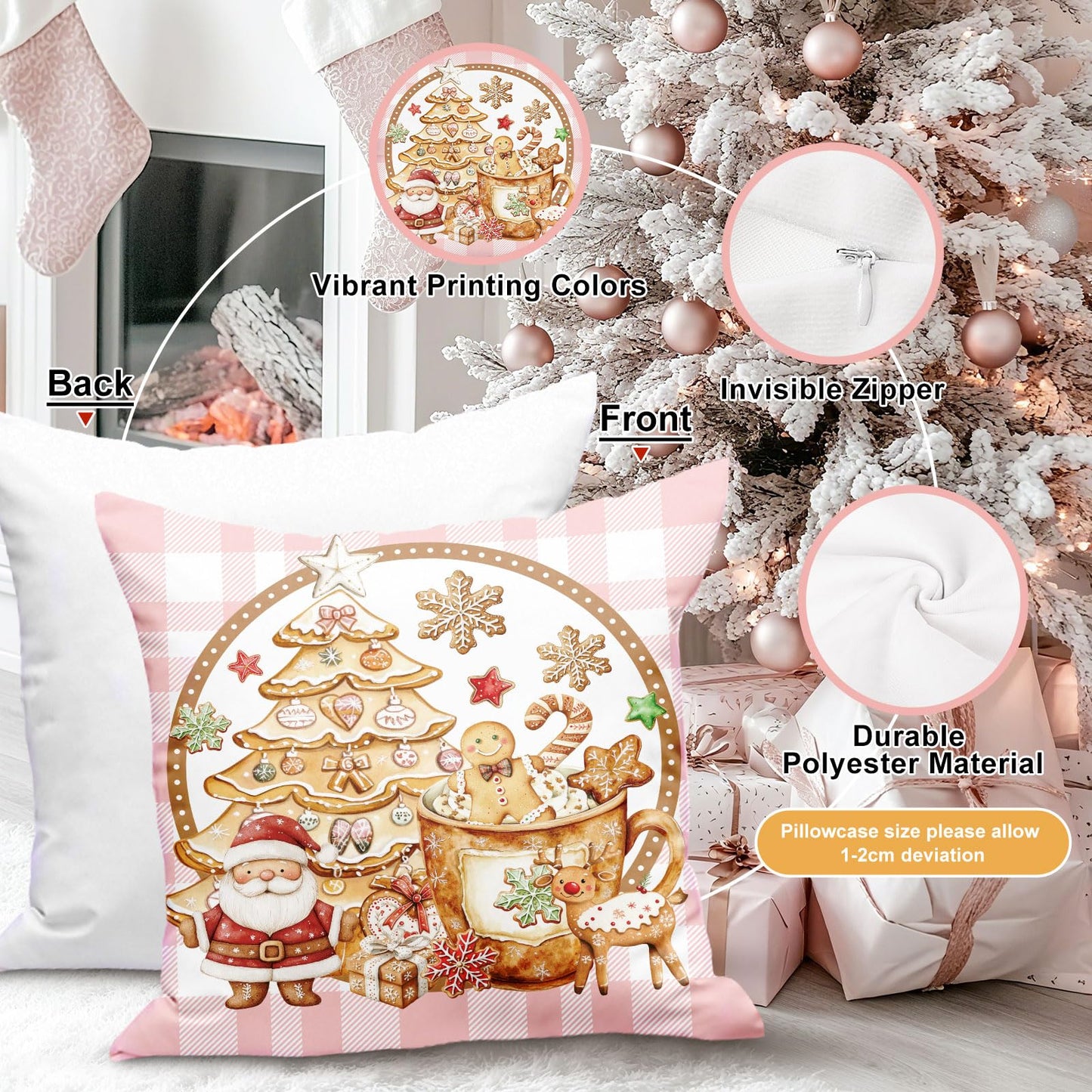 Lanpn Christmas Throw Pillow Covers 18x18 Set of 4, Gingerbread Man House Pillow Covers Christmas Pillowcase Decorative Cushion Cover for Home Bedroom Couch Sofa Decor (Pink)