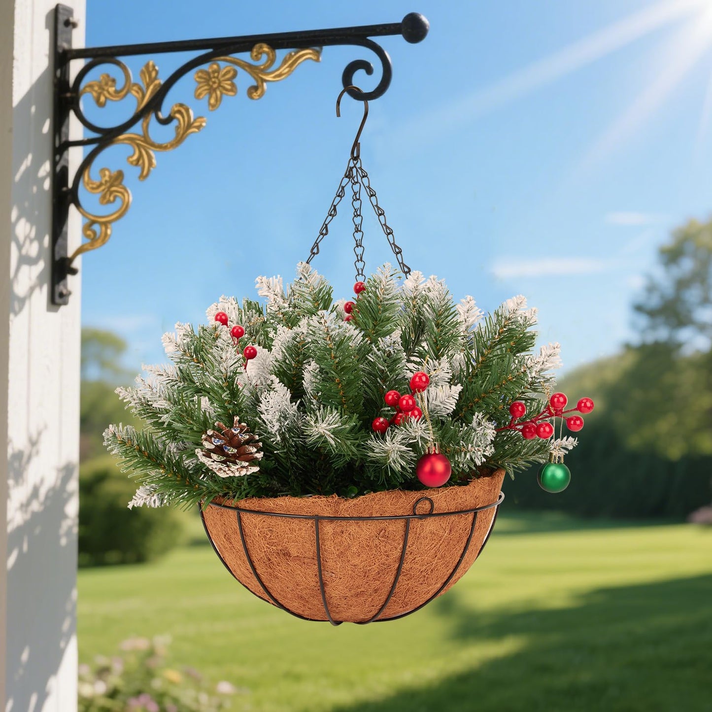 XUESON Artificial Christmas Hanging Basket with Pine Cones, Berries, and Snowflakes - Realistic Holiday Decor for Porch, Door, Home 20 Inch (2PCS)