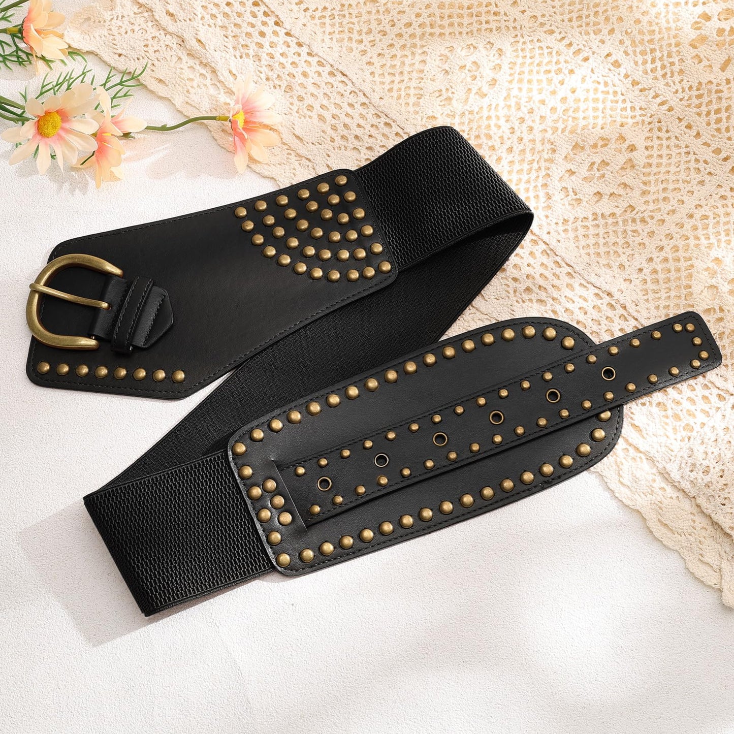 JASGOOD Women Vintage Wide Elastic Belt Rivets Studded Stretchy Waist Belt with Metal Buckle
