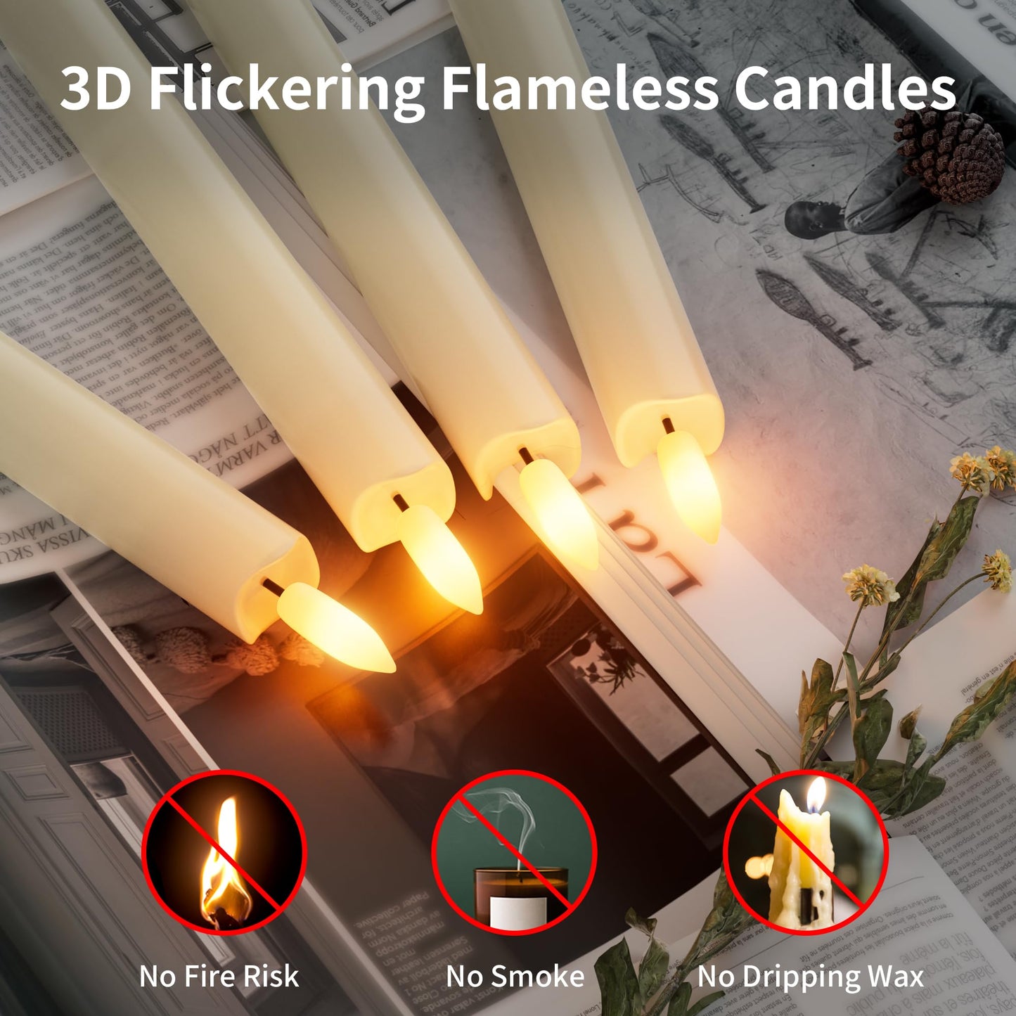 Rechargeable Flameless Taper Candles 2Pcs Real Wax Battery Taper Candles with Remote&Timer LED Candlesticks Flickering Realistic for Christmas Home Wedding Decor Ivory