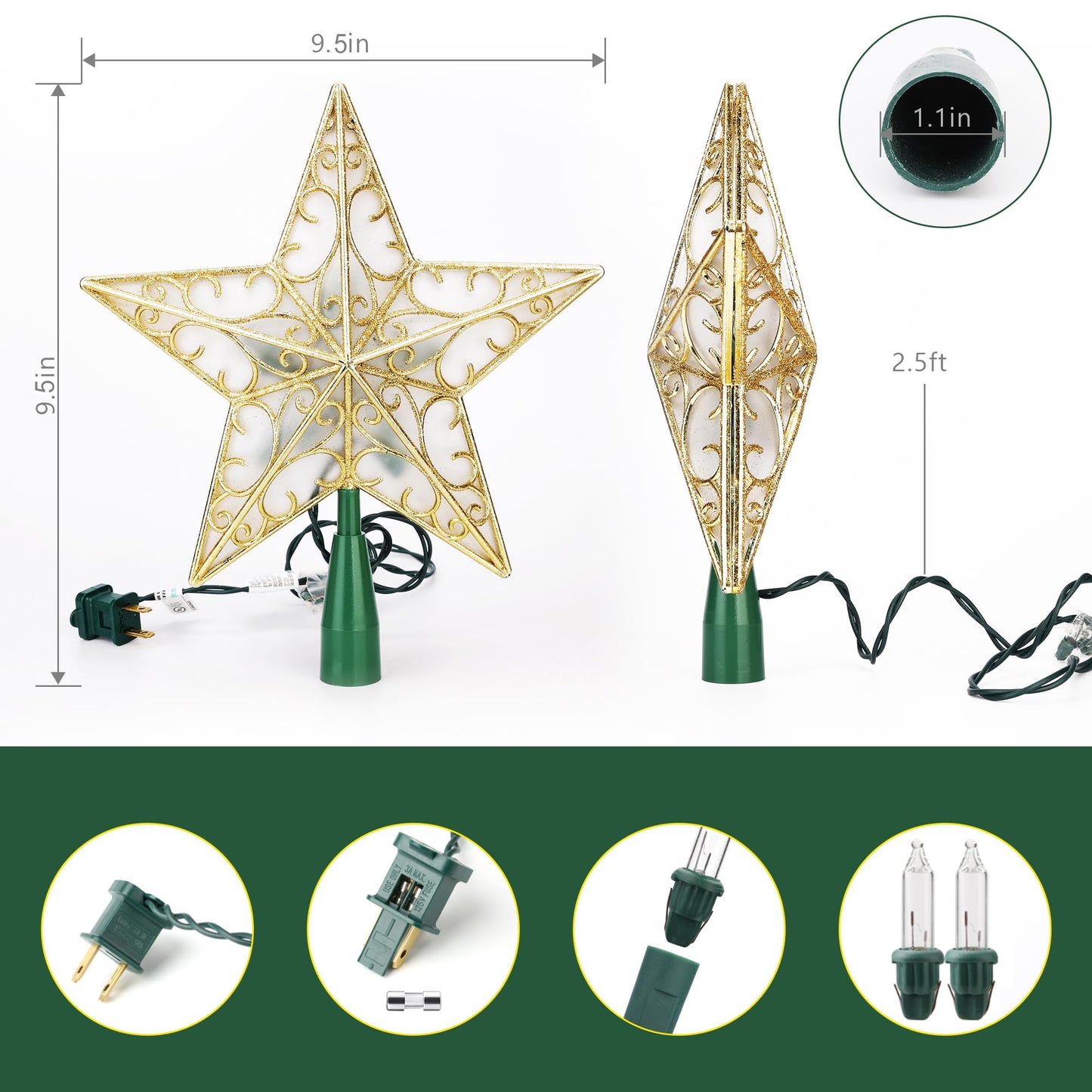 Brizled 9.5” Christmas Star Tree Topper, Gold Dual-side 3D Star Treetop, Glittered Tree Top with 10 Warm White Lights, UL Certified Lighted Xmas Treetop for Holiday Christmas Tree Decor