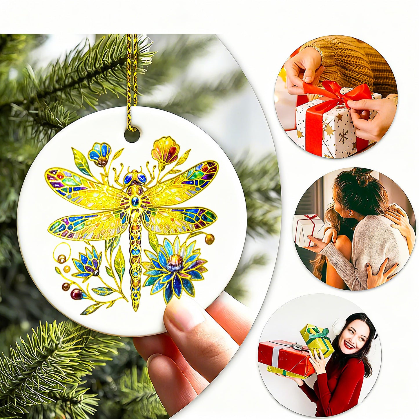 YOXUTEP 6-Pack Ceramic Dragonfly Ornaments, Christmas Tree Decor for Home, Exchange, Xmas Presents & Festive Decoration