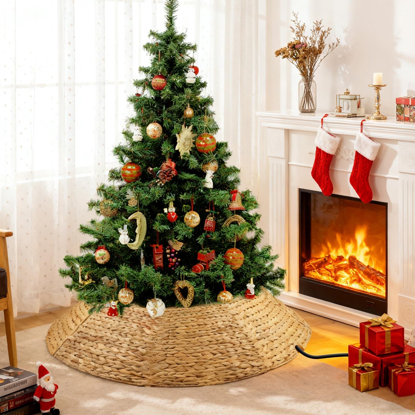 42" Christmas Tree Collar, Hand Woven Hyacinth Christmas Tree Base - 8 Piece Rustic Farmhouse Style Tree Skirt Replacements for Artificial Trees, Fits Below 41" Tree Stand, Natural Hyacinth
