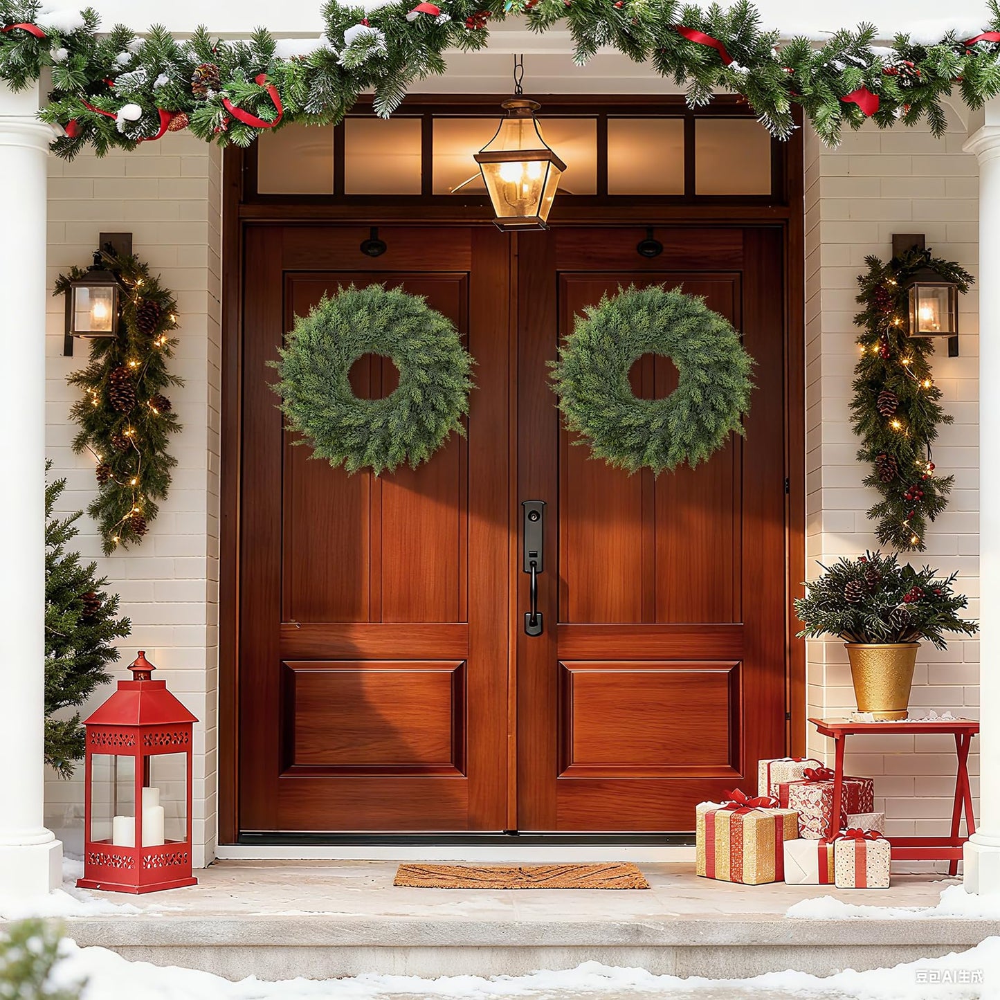 MEUIS Small Greenery Cedar Wreath - 22" Artificial Real Touch Wreath for Front Door Windows Outdoor Indoor Decor Weatherproof Traditional Holiday Decorations