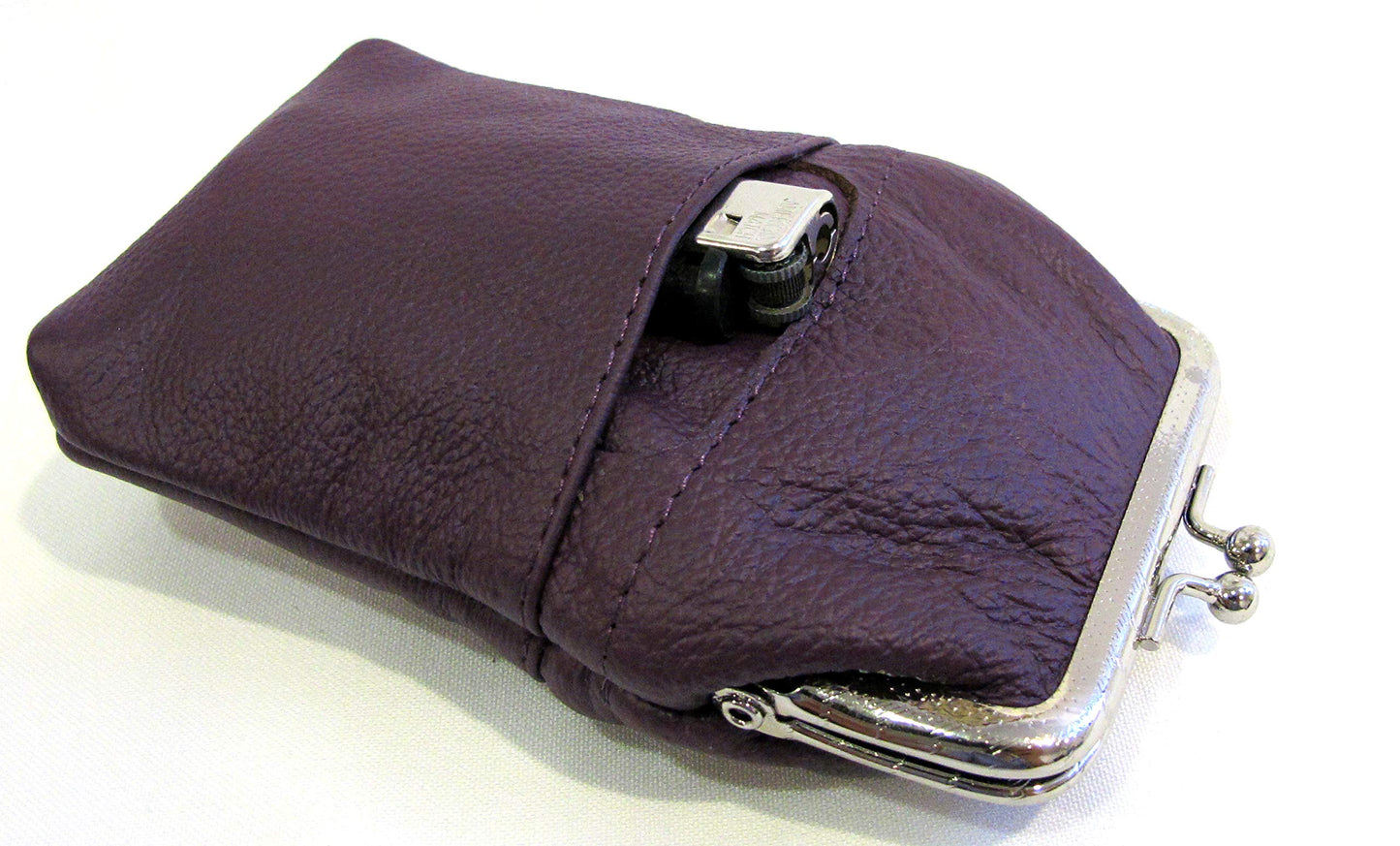 Women 100% Pure Leather Cigarette Case Lighter Match Pocket Zipper Coin Pouch -4 Color (Purple)