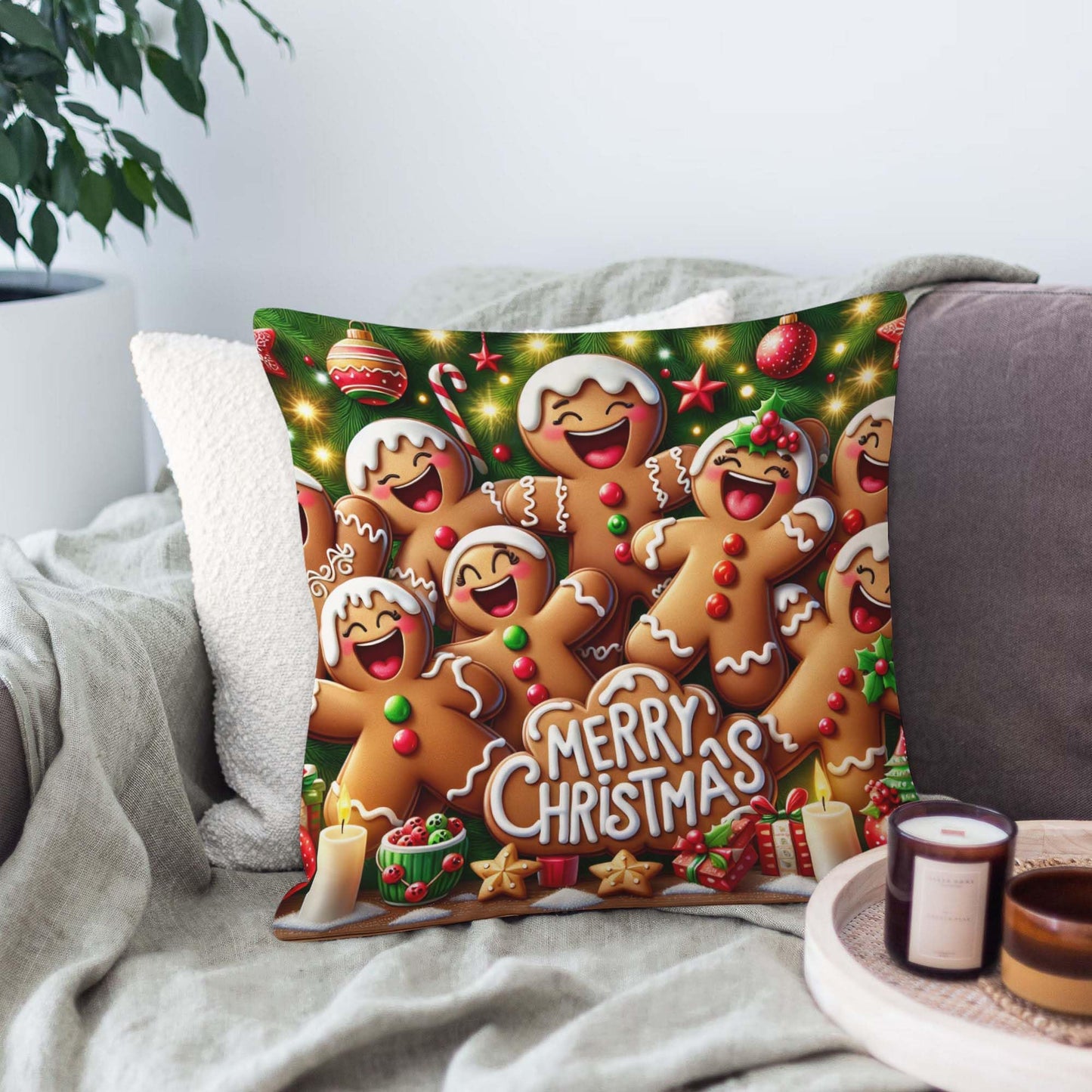 Jiaopenyou Throw Pillow Cover 20x20 Inch,Gingerbread Men Dancing Merry Christmas Decorated with Icing Candies Christmas Tree Throw Pillow Case,Home Decor Cushion Covers for Sofa Living Room Couch Bed