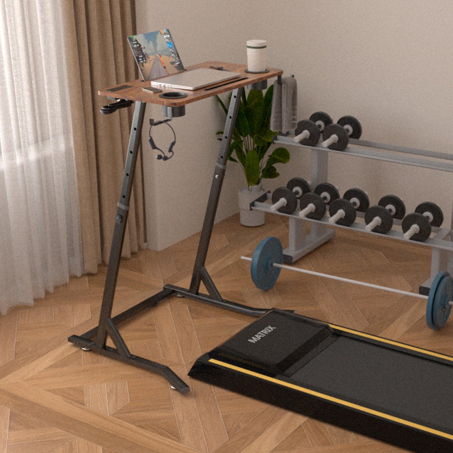 OrigoDeco Indoor Cycling Desk, Adjustable Standing Desk for Walking Pad, Bike Trainer Desk with Power Socket, for Indoor Cycling Treadmill & Office Use, Exercise While Working or Watching TV