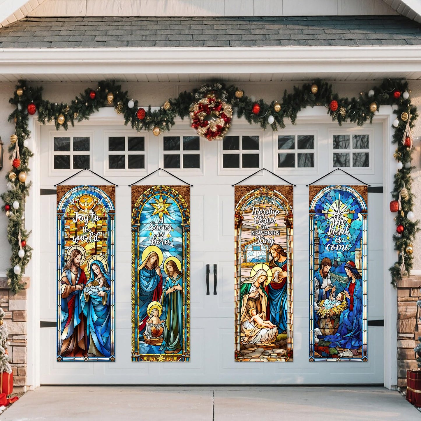 Panelee 4 Pcs Nativity Scene Banner Religious Christmas Backdrop Holy Nativity Stained Glass Style Wall Decorations Jesus Porch Sign for Xmas Indoor Outdoor Church Wall Hanging Decor