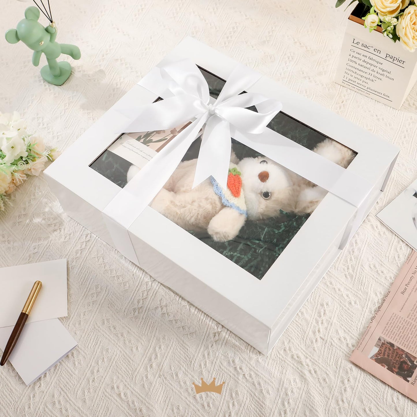 PACKQUEEN 5 Extra Large White Gift Boxes with Windows, 16.3x14.2x5 Inches Mother's Day Clear Gift Boxes for Presents Contain Ribbons, Cards, Bridesmaid Proposal Boxes with Magnetic Lids (Glossy White)