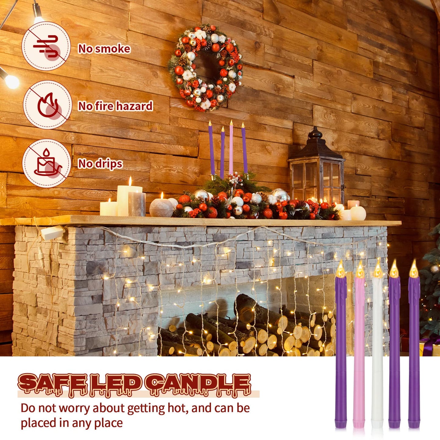 BBTO Christmas Flameless Advent Candles Set of 5 Battery Operated Candles LED Taper Candle Purple & Pink Glitter Flickering Candle for Christmas Fireplace Wreath Decor(Teardrop Style)
