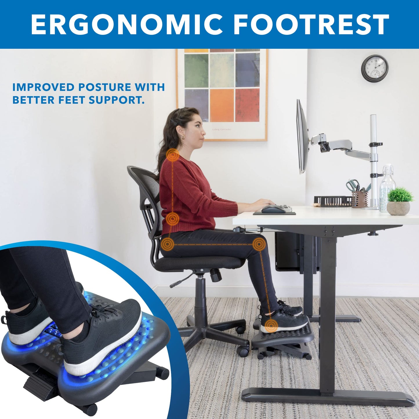 Mount-It! Ergonomic Under Desk Footrest with Massage Rollers, Adjustable Height & 30° Tilt Foot Rest Under Desk (4.25"–6.75"), Office Foot Stool with Non Slip Surface