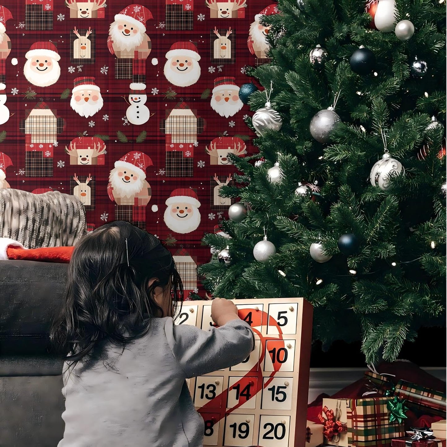 Timeet Christmas Peel and Stick Wallpaper Santa Claus & Snowman Contact Paper Red Plaid Holiday Wall Paper Decor Removable Self-Adhesive Wallpaper Vinyl Christmas Decoration 17" x 196.8"