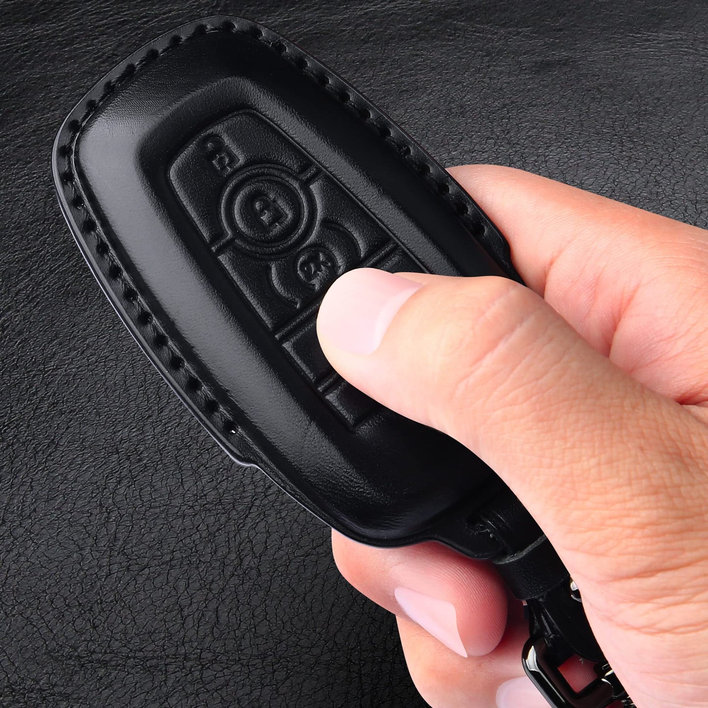 Tukellen for Ford Leather Key Fob Cover with Keychain Compatible with Ford Explorer Mustang Fusion Escape F150 F250 F350 F450 F550 Edge-Black
