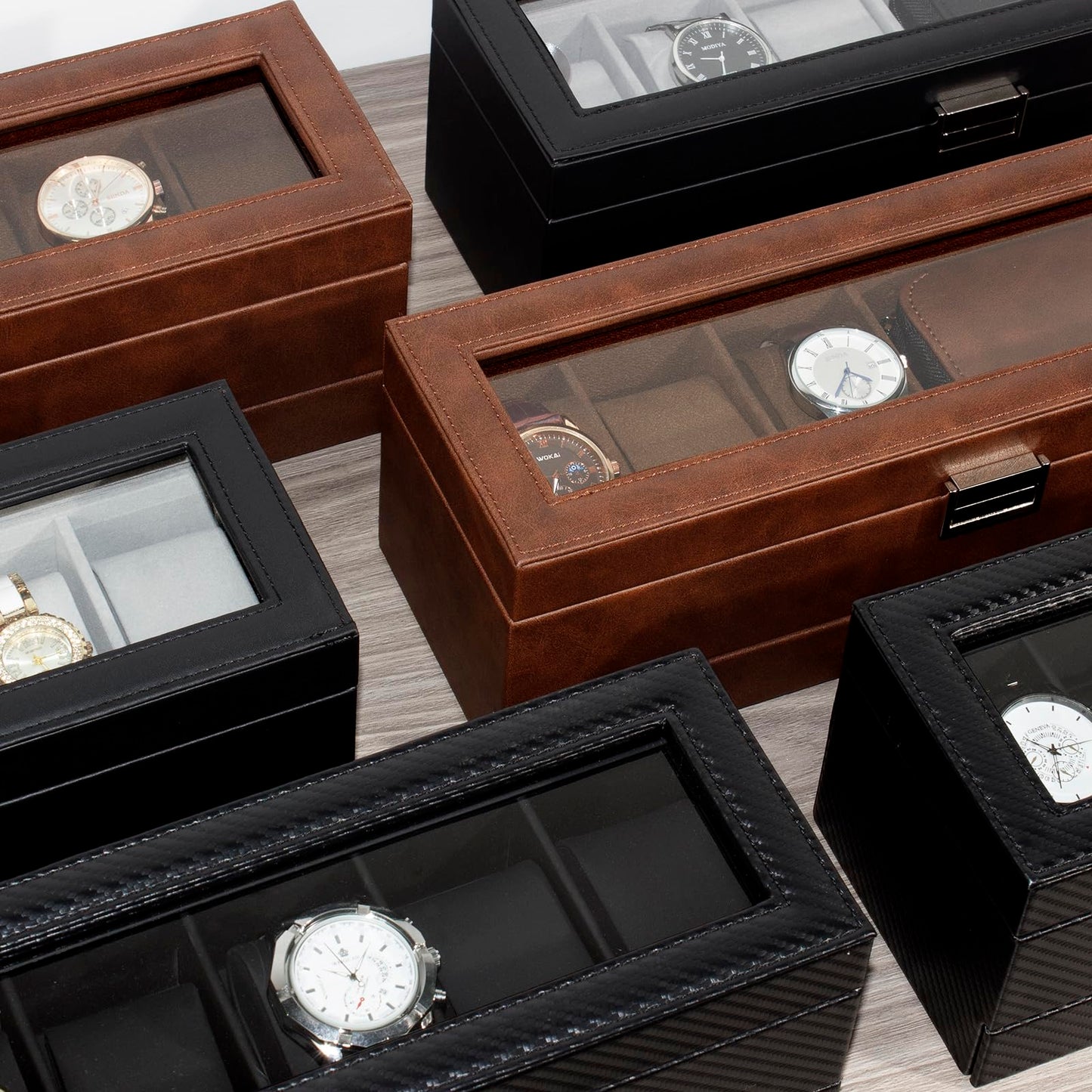 GLOBAL KA Watch Box for Men 6 Slot,Double Layer Mens Watch Case Display Organizer with Real Glass Top,Large Holder for 50mm Watches,PU Leather Jewelry Drawer Storage Valet Tray for Men,Black