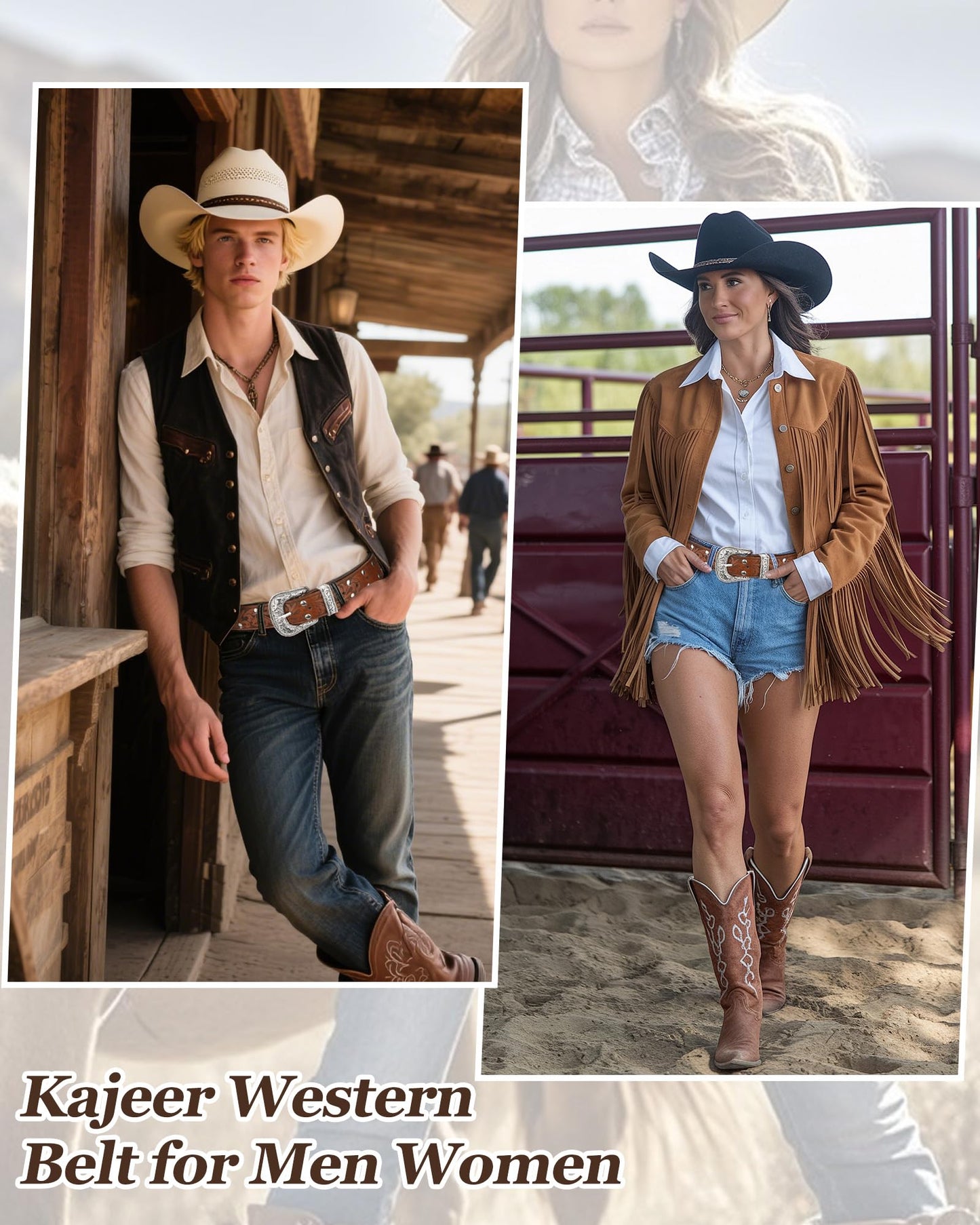 Kajeer Western Belt for Women, Women Cowboy Belt Vintage Engraved Rivet Cowgirl Country PU Leather Belt for Pants Jean