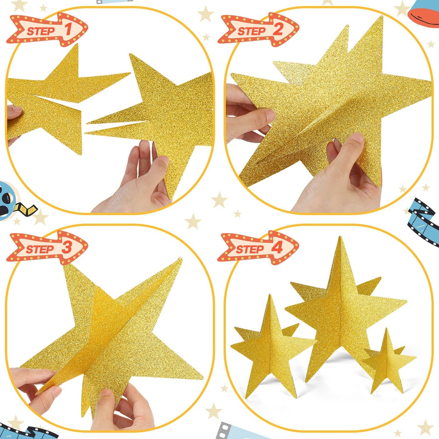 70 Pcs Star Centerpieces for Movie Night Party Decorations 3D 2025 Graduation Table Decor 3 Sizes 8" 5" 3" Red Carpet Film Show Theme Birthday Party Back to School Table Decor (Gold)