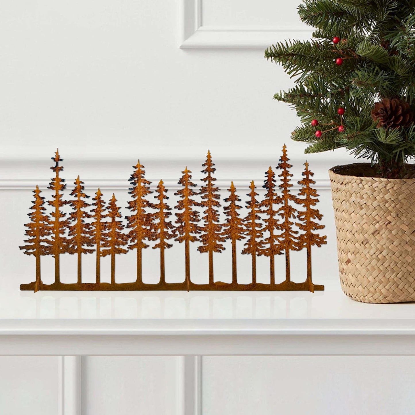 dryelves Metal Pine Tree Decor, Cabin Forest Tree and Nature Rustic Tabletop Decor, Mantel Centerpieces Shelf Decorations, Housewarming Gifts for Home Farmhouse Living Room Bedroom(Rusty)