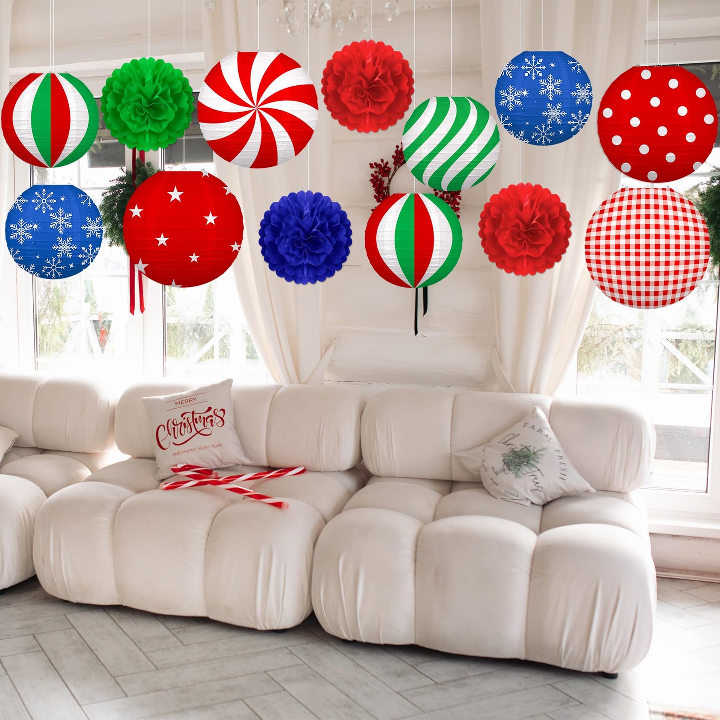 Renbuzhu 13PCS Christmas Decorations Ornaments Set – 9 Red Green Blue Hanging Paper Lanterns, 4 Pom Poms for Indoor, Home, Xmas Party, Porch Decor