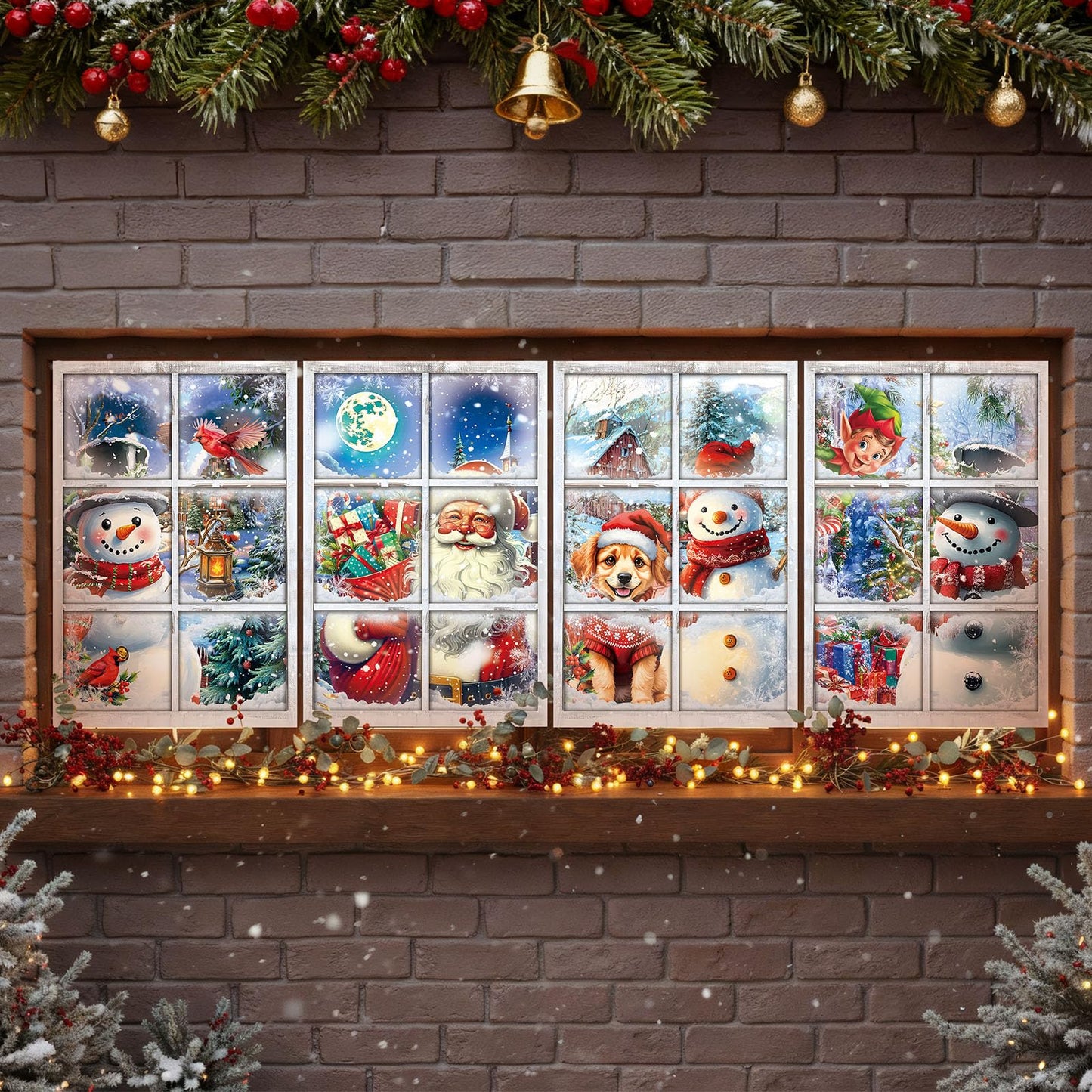 Patelai 4 Pcs Merry Christmas Curtain Cute Christmas Window Silhouette Decoration Snowflake Window Door Cover Holiday Xmas Poster Screen for Indoor Outdoor Party Decor(Snowman)