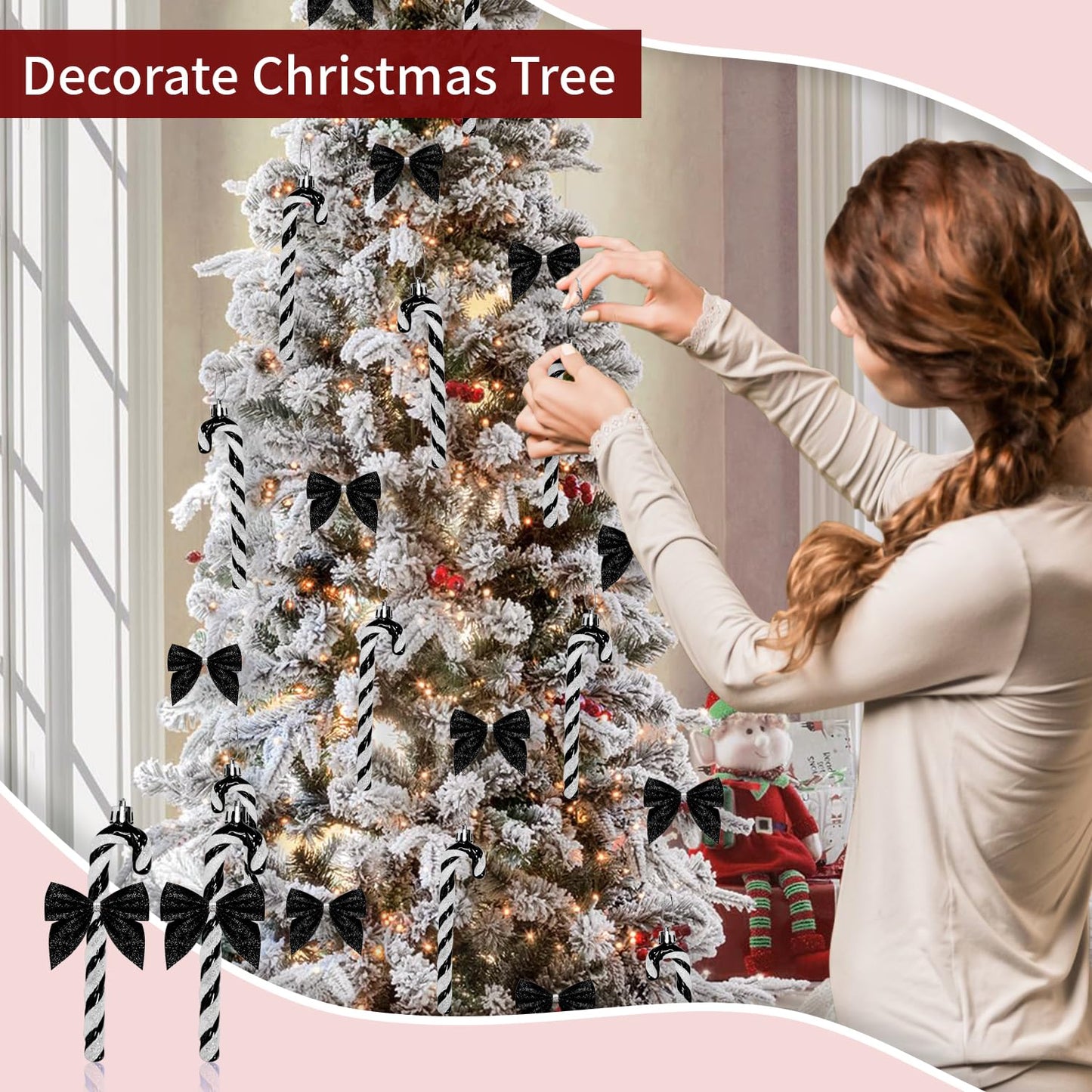 24 Pcs Candy Cane Christmas Decorations,5.5inch Glitter Candy Cane Bows for Xmas Tree Hanging Ornament Holiday Festival Party Home Decoration (Black)