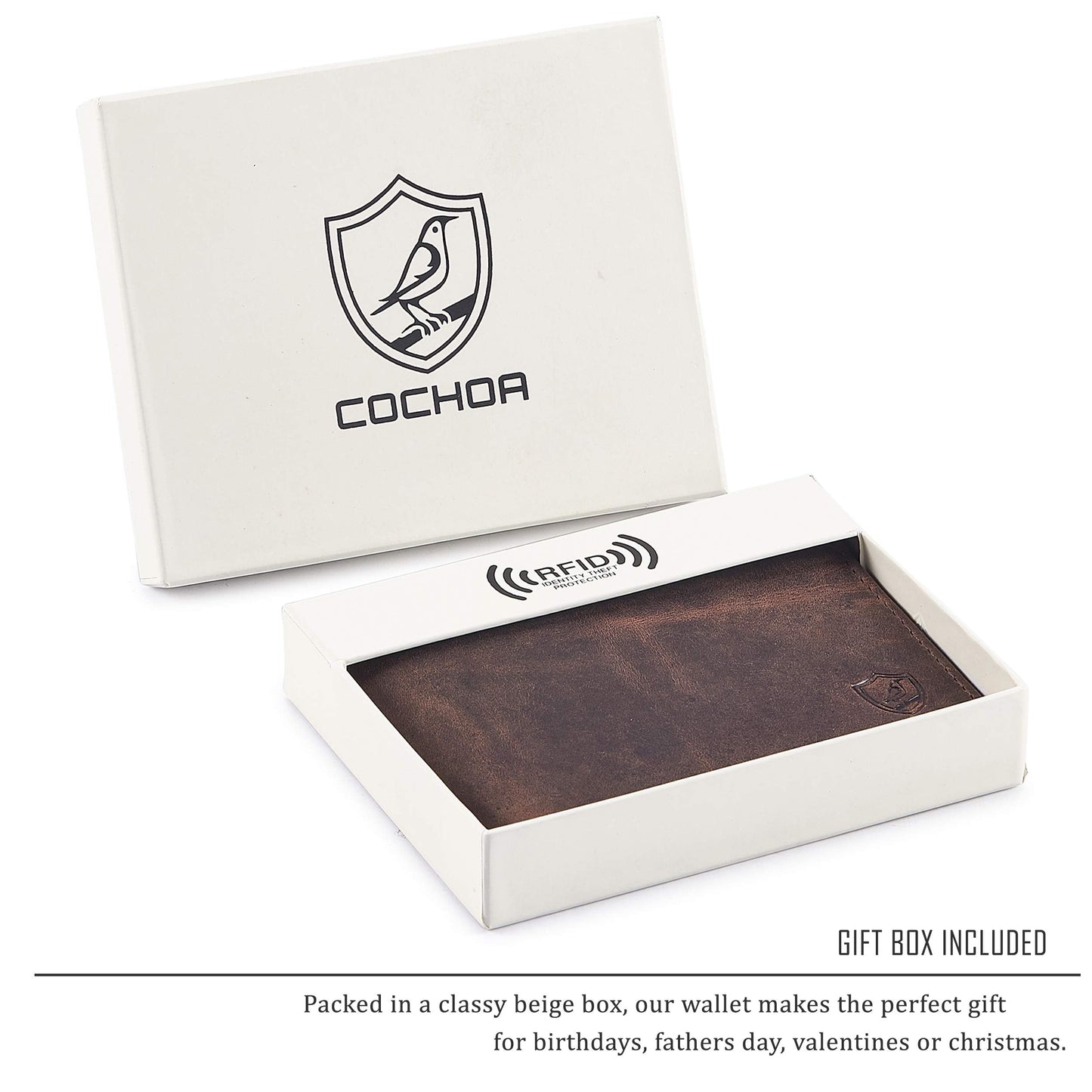 Wallet for Men Slim RFID Blocking Leather Bifold Minimalist 2 ID Windows Gift Box Carteras Para Hombres (CRAZY HORSE, COGNAC)
