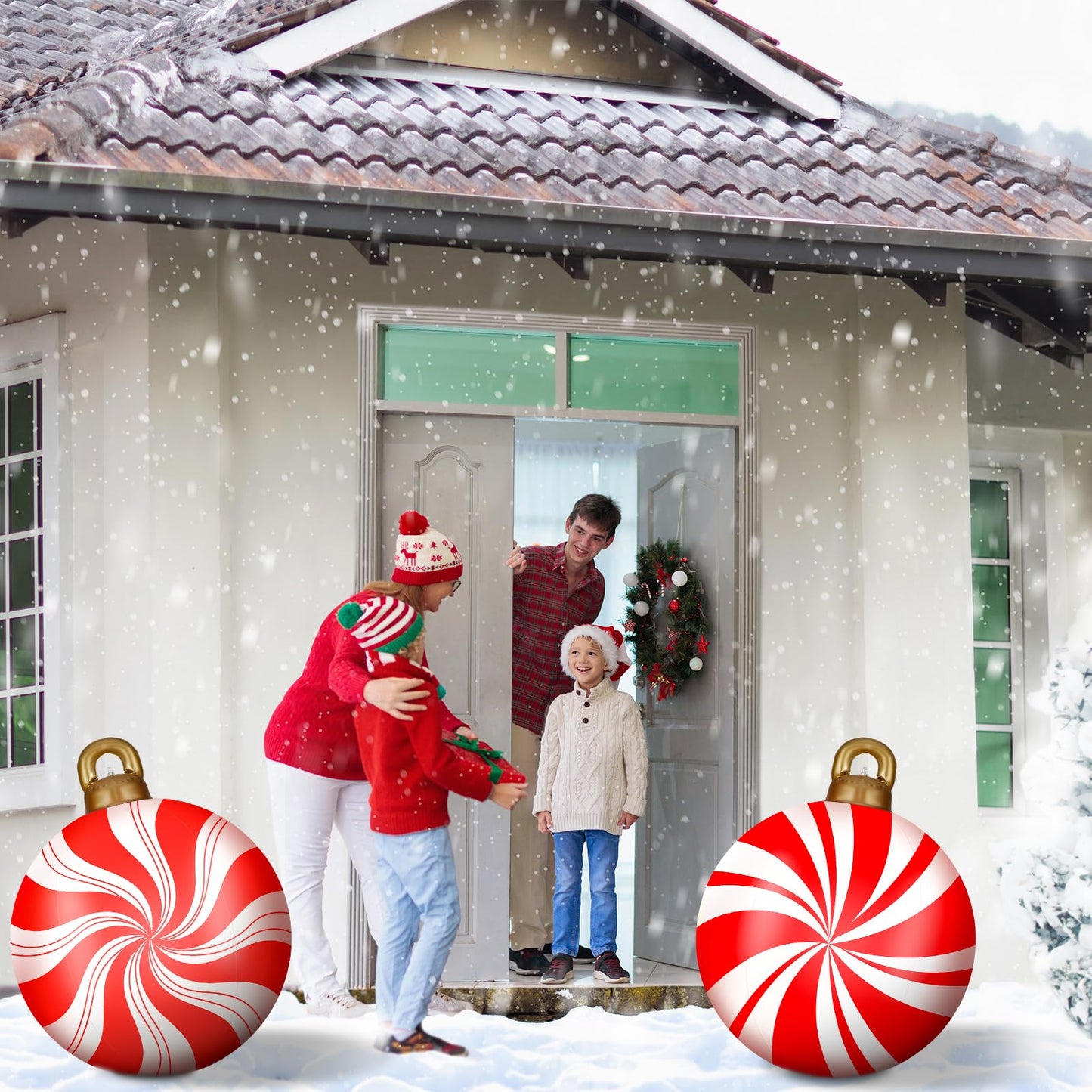 2 Pieces 32 Inch Giant PVC Inflatable Christmas Decorated Ball Ornaments Outdoor Large Xmas Blow Ball Decorations for Christmas Themed Party Ornaments(Candy,Red White)