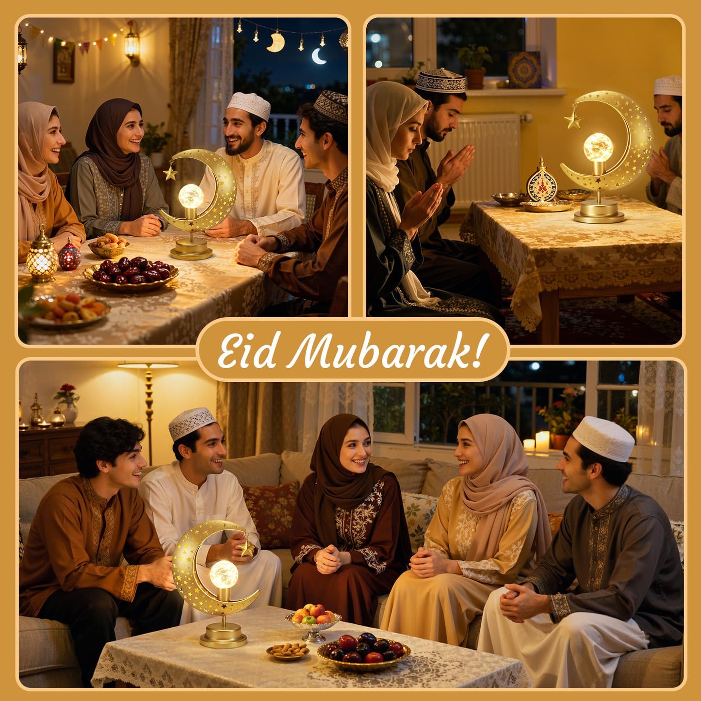 Lewondr Ramadan Moon Lamp, Crescent Moon with Star Table Lamp, Battery Powered Ramadan Desk Lamp Decorations Crescent Table Light Bedside Night Stand Desktop Living Room Home Decor, Eid Mubarak Decor