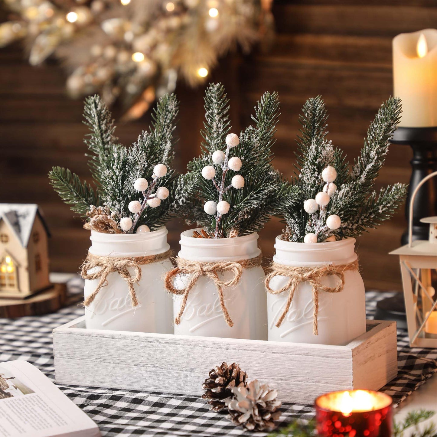 SUPREME LIGHTS ·2017· Christmas Mason Jars, Winter White Mason Jars, Christmas Centerpieces for Home Table Decor, Wood Tray & 3 Decorative Jars, Winter Farmhouse Dining Table Centerpieces Decoration