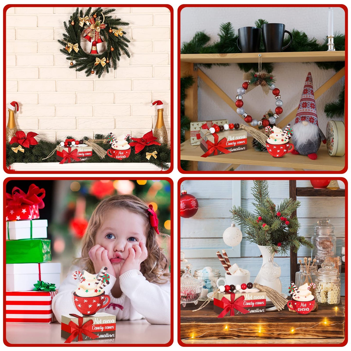 Bucherry 5 Pieces Christmas Farmhouse Tiered Tray Decor Winter Hot Cocoa Wood Decorative Stack Book Decor with Bead Garland for Home(Coffee)