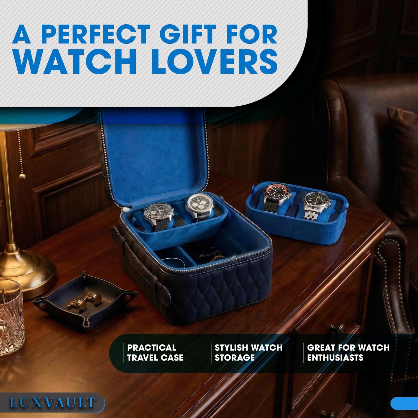 LUXVAULT Travel Watch Case - Luxury Watch Box Organizer, Leather Mens Jewelry box Organizer with Ultra-Suede Lining, 4-Slot watches case with Sliding Cushion System & Compartments for Sunglasses